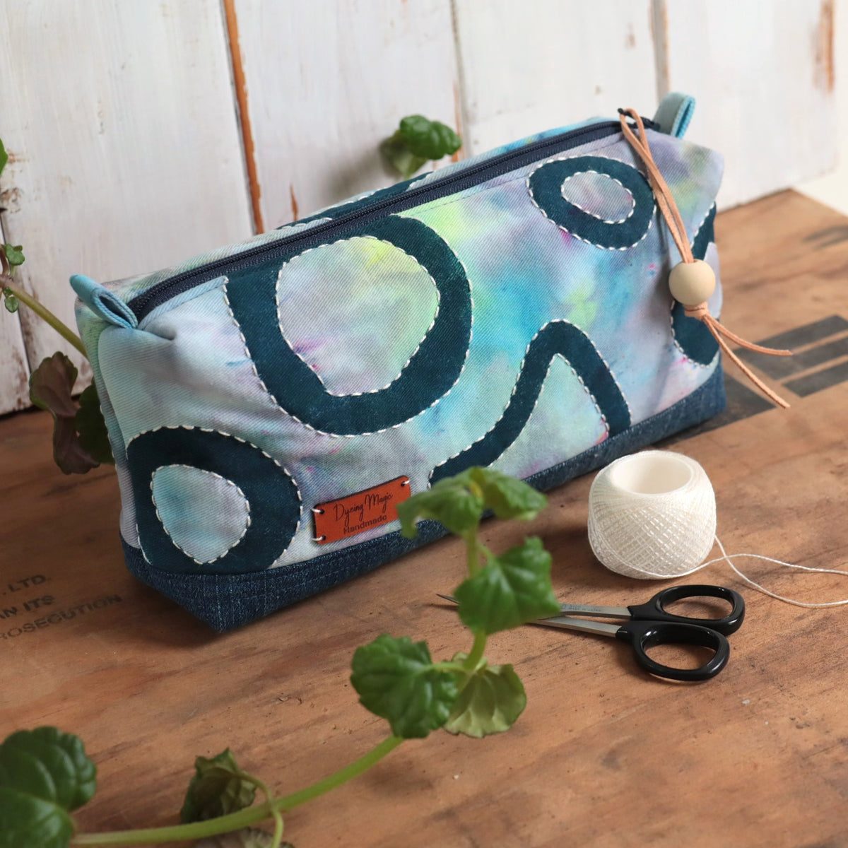 Ice Dyed and Block Printed Boxy Zipper Pouch, Pencil Case, Makeup Bag