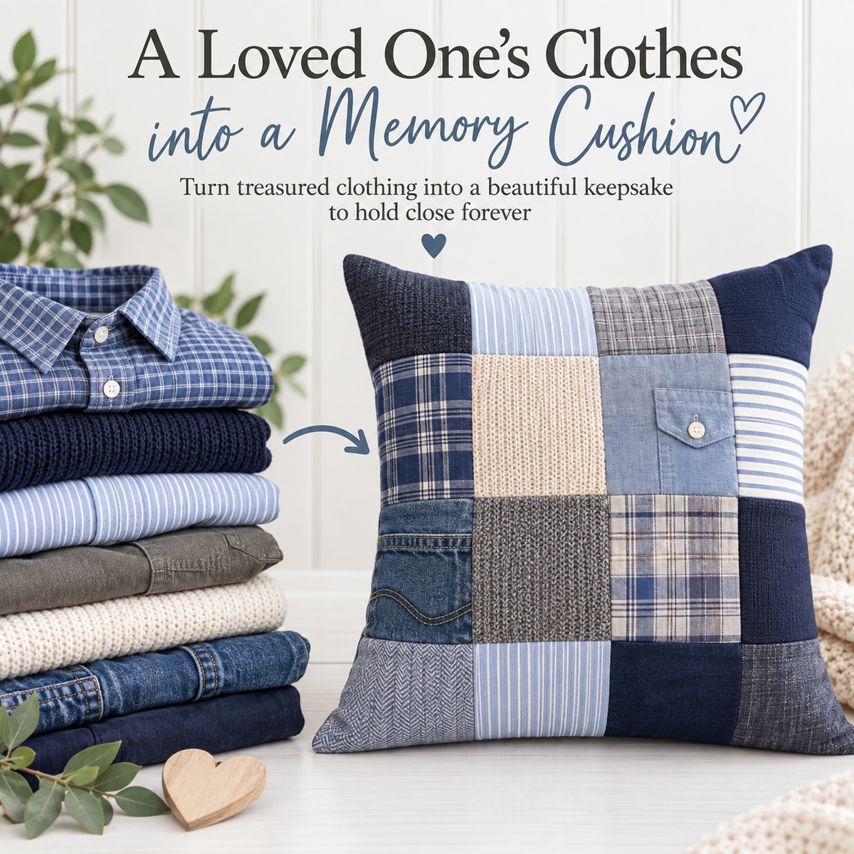 Personalised Memory Cushion – Keepsake Pillow , Rememberence Gift - Made from a loved one’s clothing