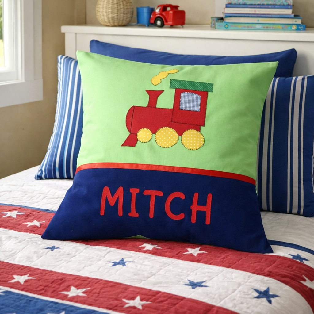 Personalised Kids Cushion | Custom Name Pillow | Handmade Applique Cushion | Nursery Decor - Train