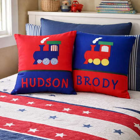 Personalised Kids Cushion | Custom Name Pillow | Handmade Applique Cushion | Nursery Decor - Train