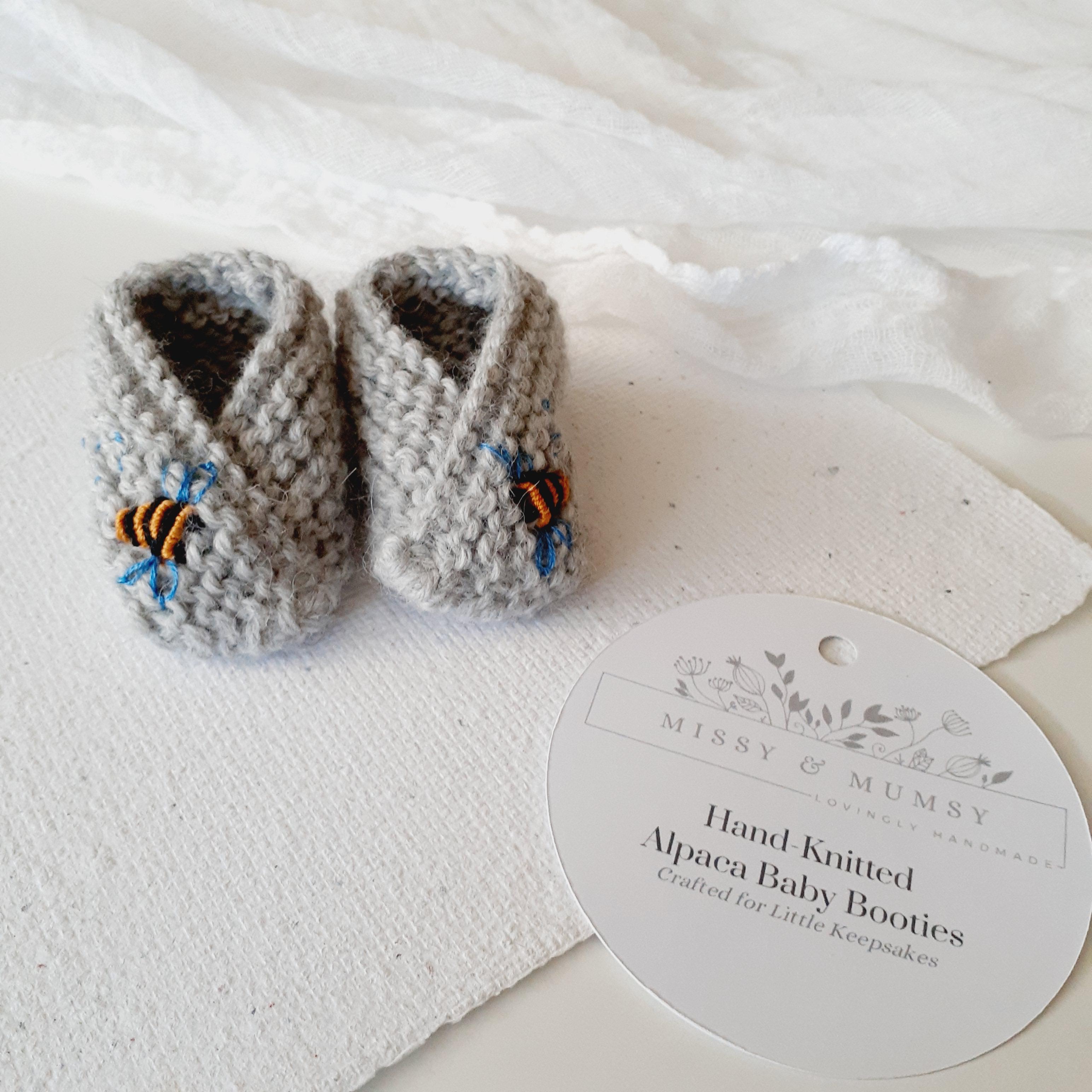 Hand Knitted Alpaca Merino Baby Booties • Embroidered Bee Newborn Shoes