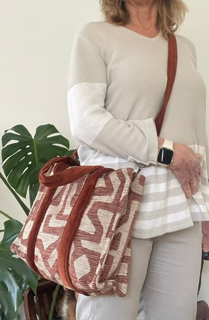 Terracotta Geometric Tote with Velvet Handles