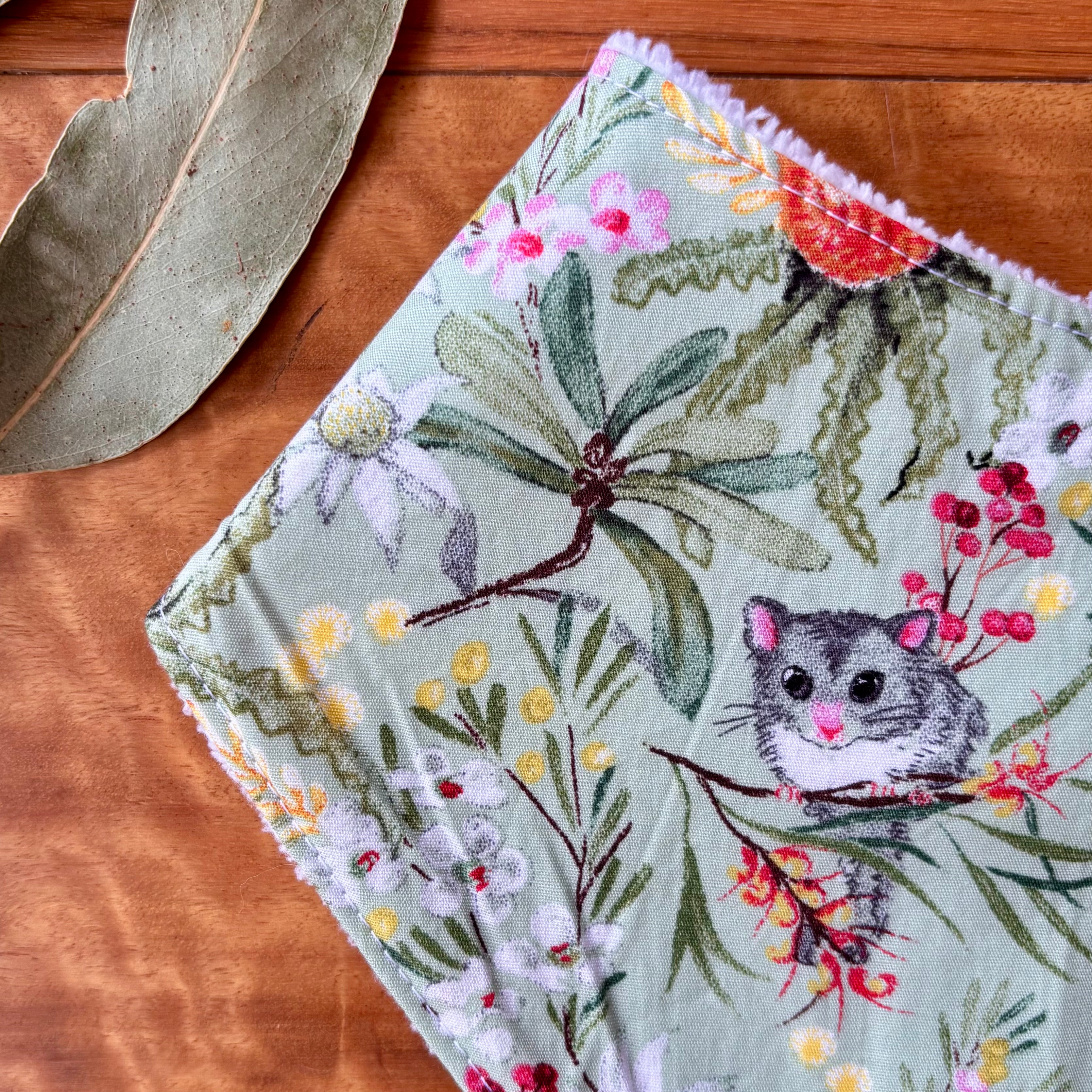 Baby Bib and Burp Cloth Set - Green Possums