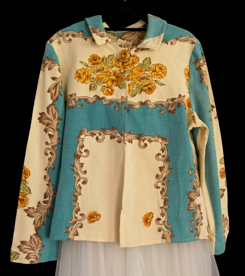 Duck-Egg Blue & Yellow Floral Jacket, Upcycled Vintage Tablecloth