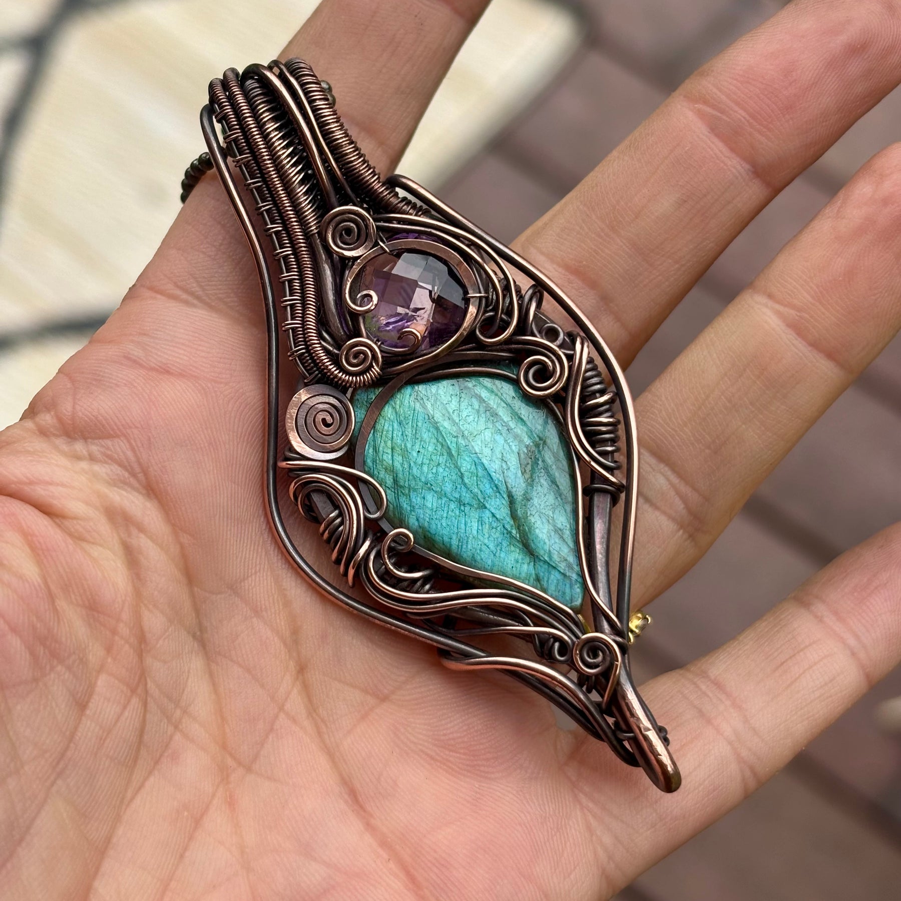 Labradorite, Amethyst copper wire wrap