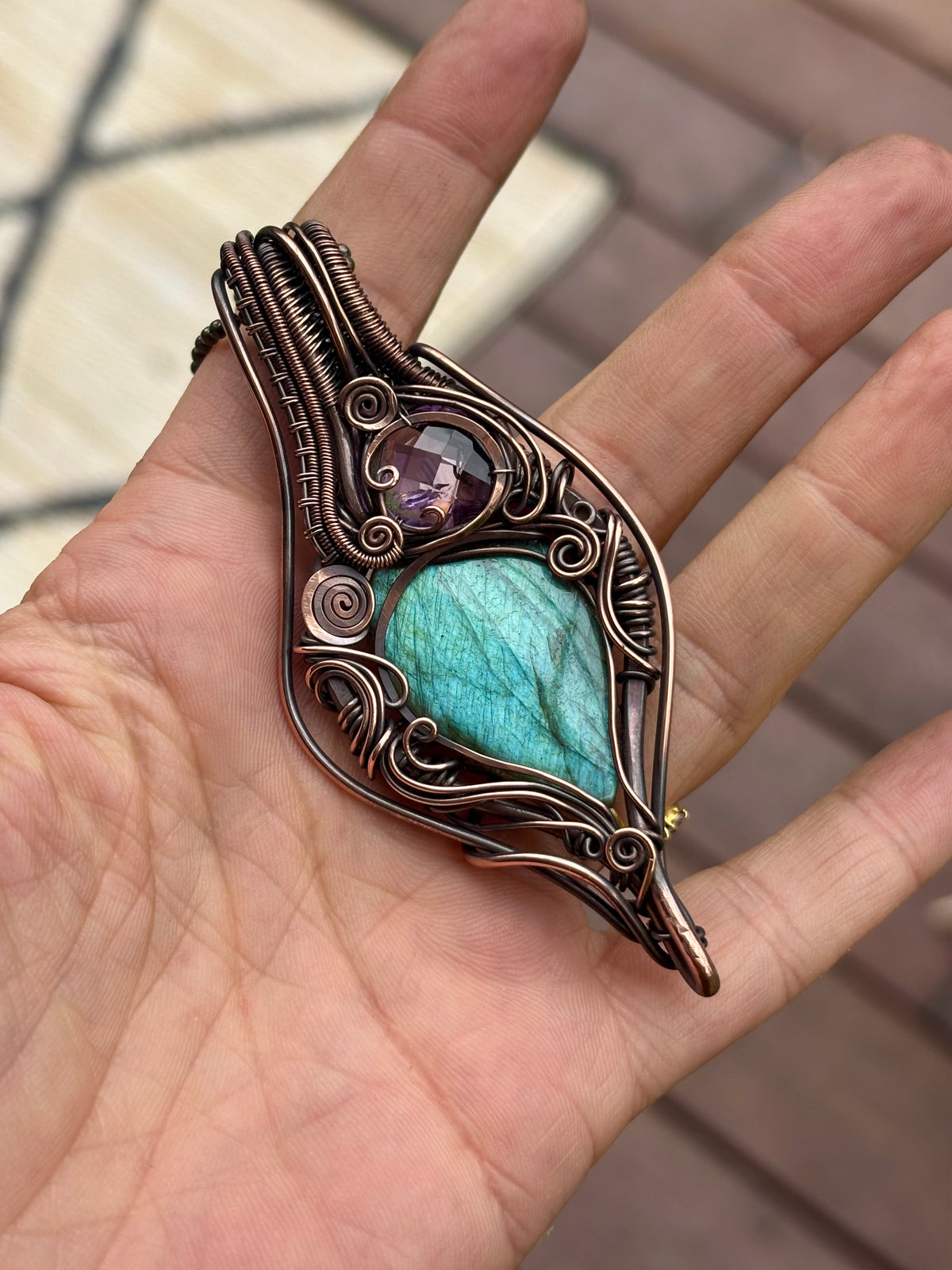 Labradorite, Amethyst copper wire wrap