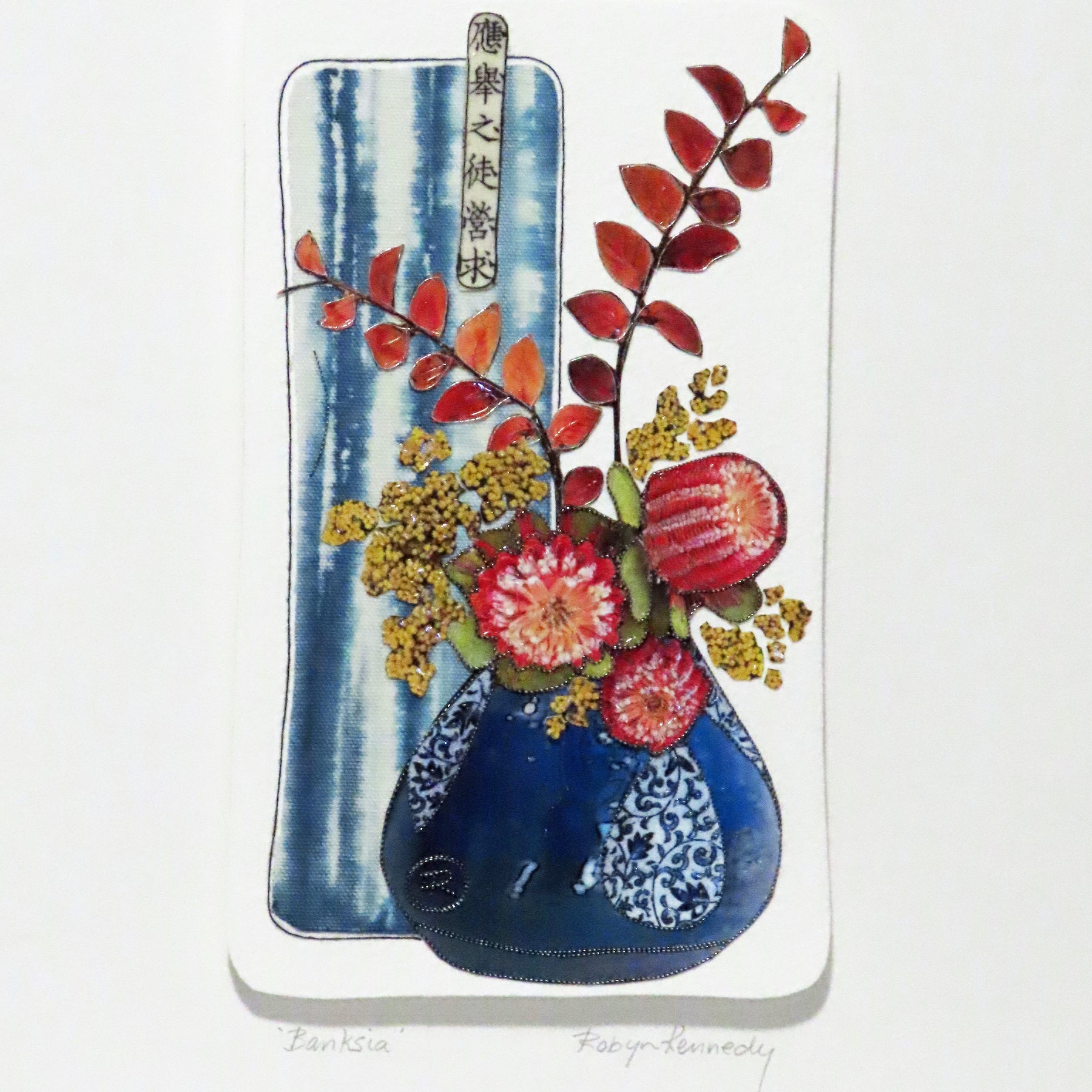 Unframed Collage Art - Red Banksia in Blue Vase