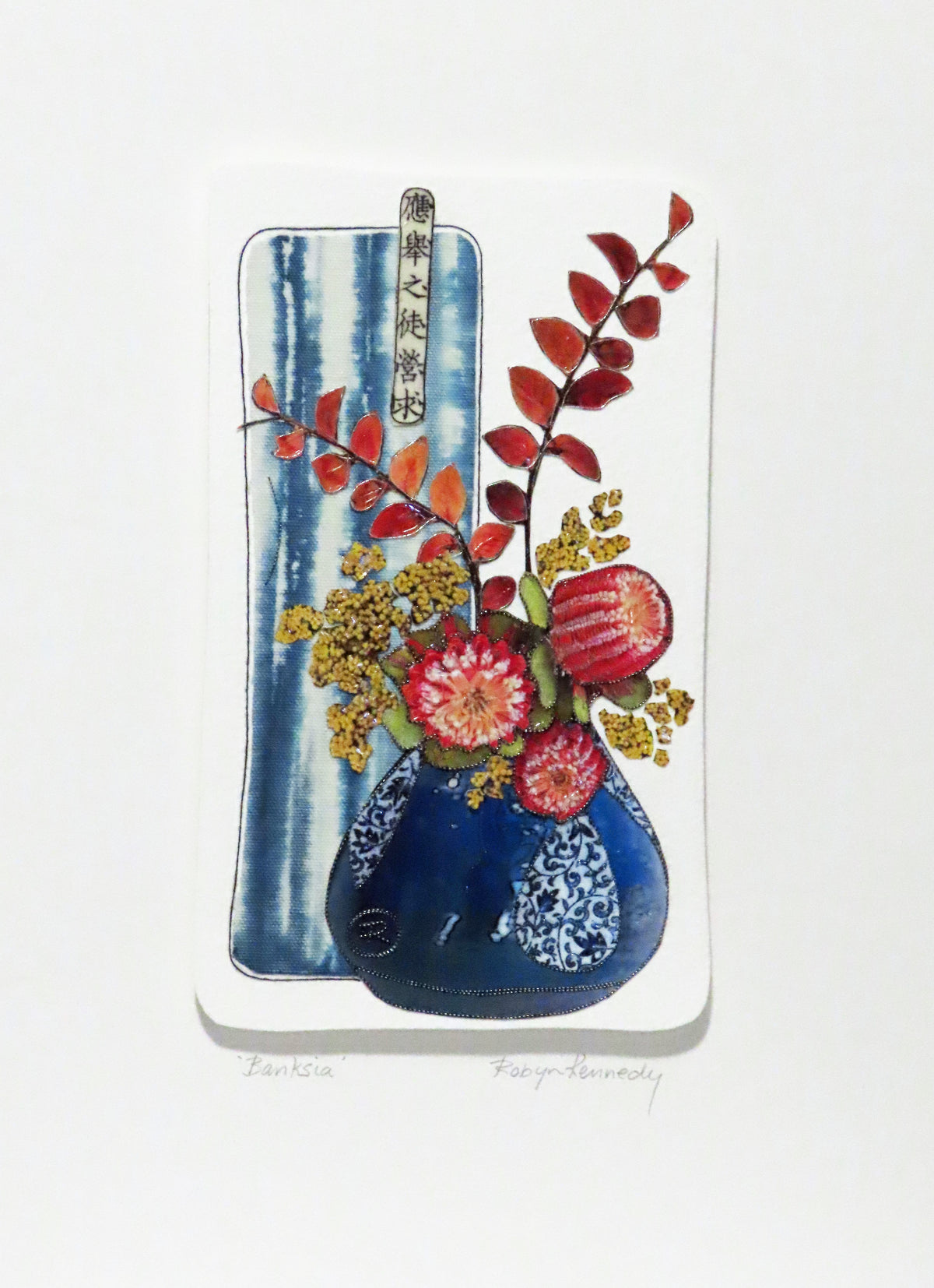 Unframed Collage Art - Red Banksia in Blue Vase
