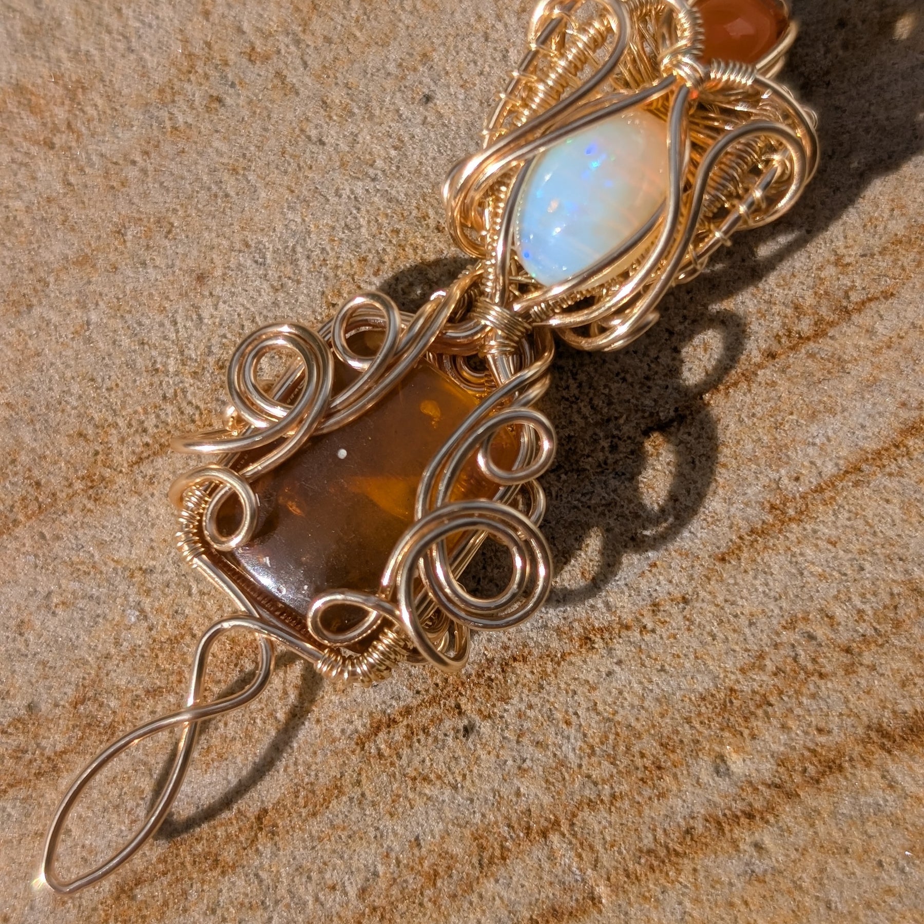 Puck - Ethiopian Opal, Golden Amber, & Carnelian in Gold Coloured Copper