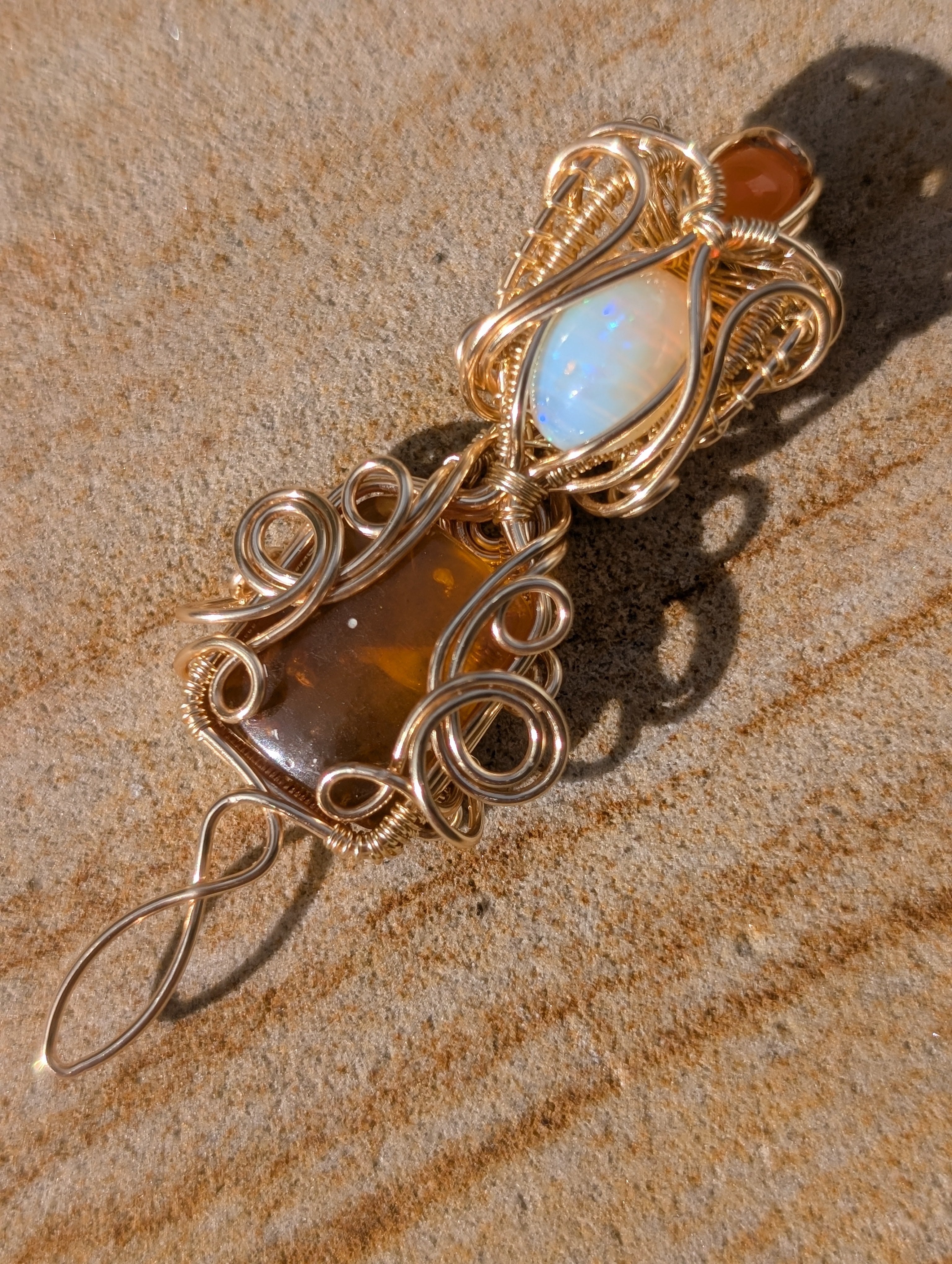Puck - Ethiopian Opal, Golden Amber, & Carnelian in Gold Coloured Copper
