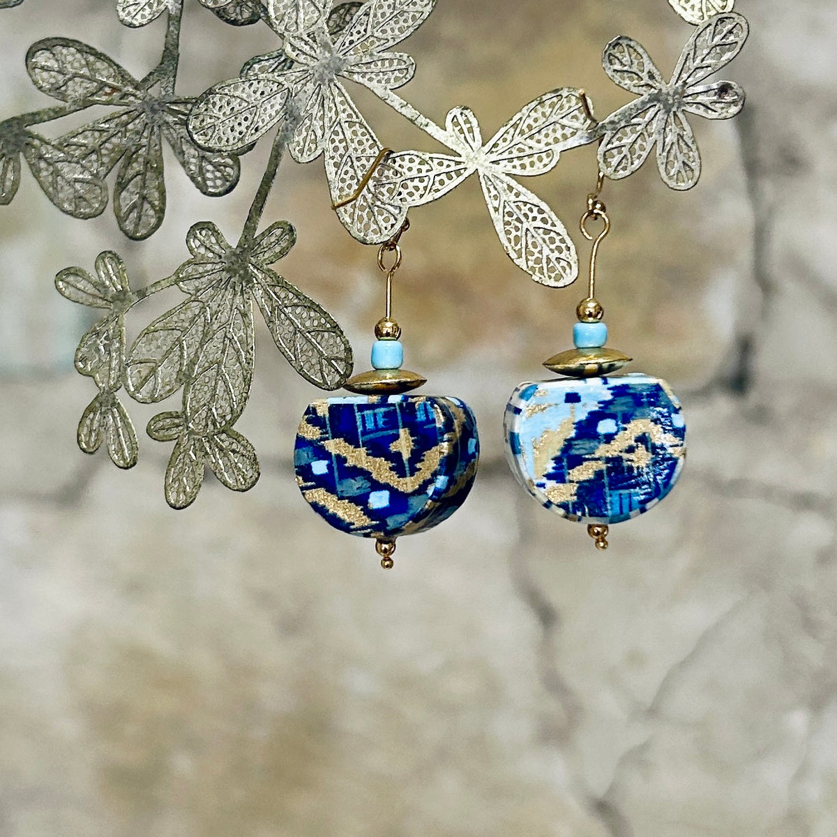 Earrings Blue Gold White Japanese Washi Paper - EB-125