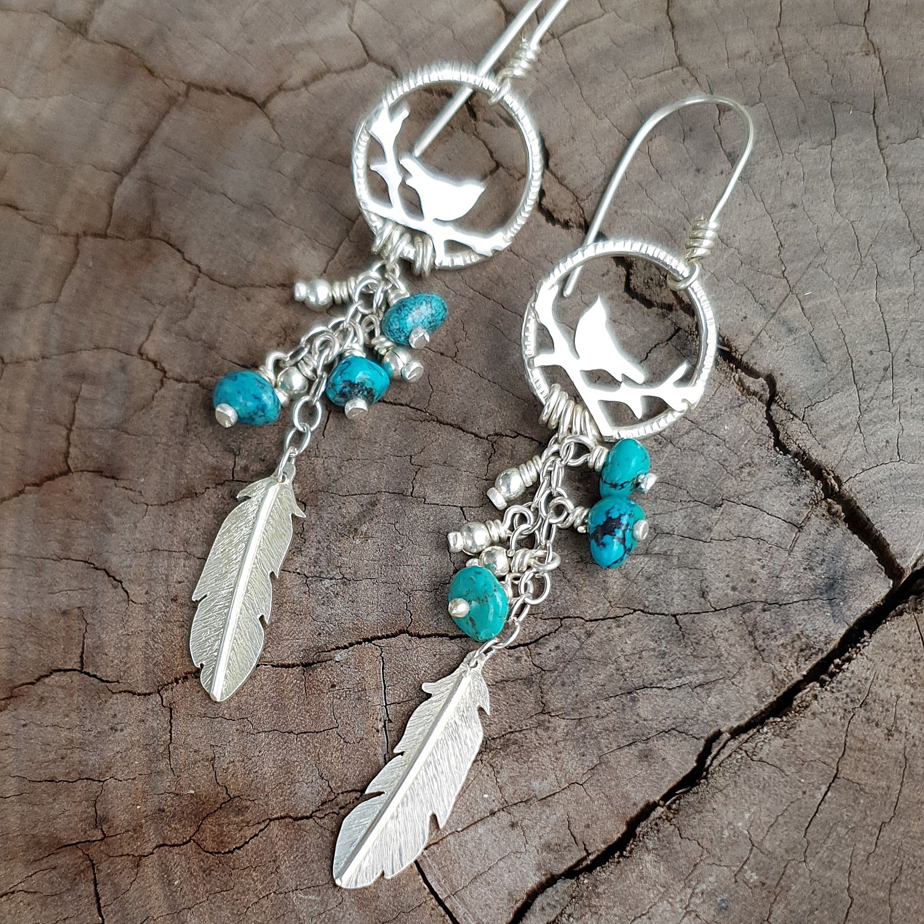 Free as a bird silver earrings with turquoise beads
