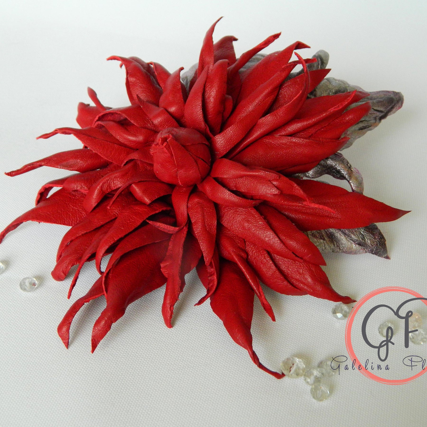 Leather Red Dahlia “Burning Petals” Brooch, Hair hat clip, Corsage Flower