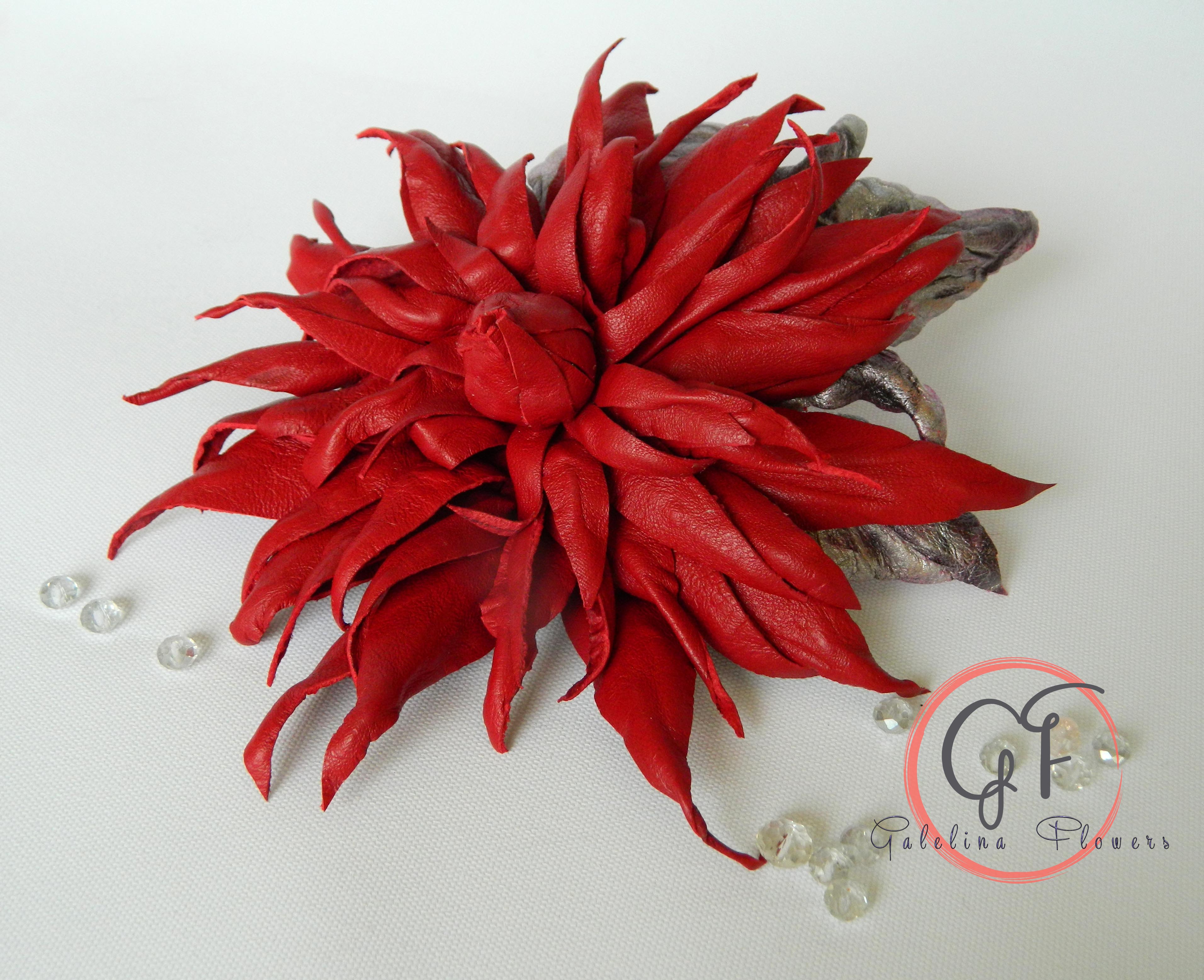 Leather Red Dahlia “Burning Petals” Brooch, Hair hat clip, Corsage Flower