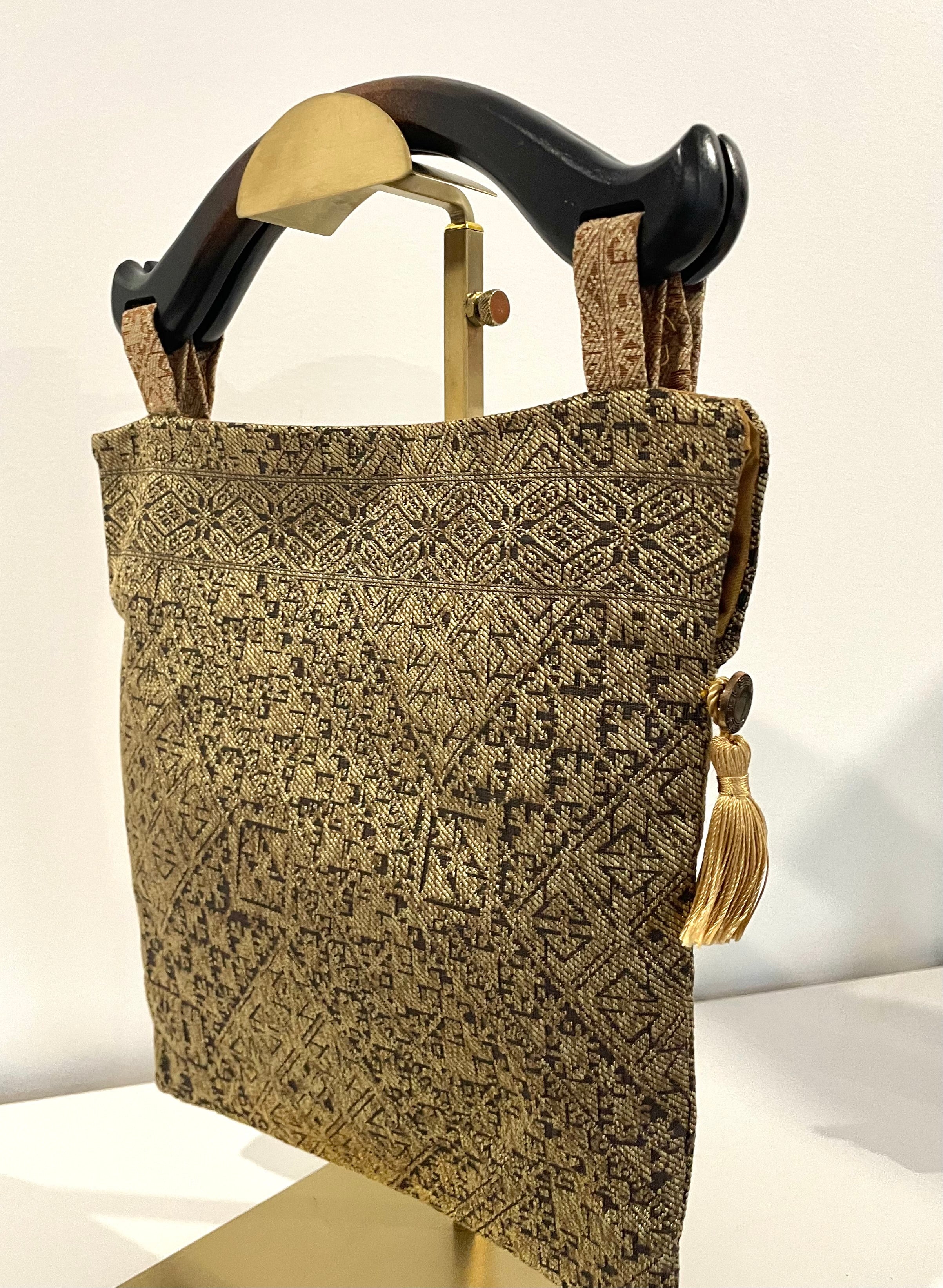 Handmade Gold Brown Wooden Handle Bag • Upcycled Purse