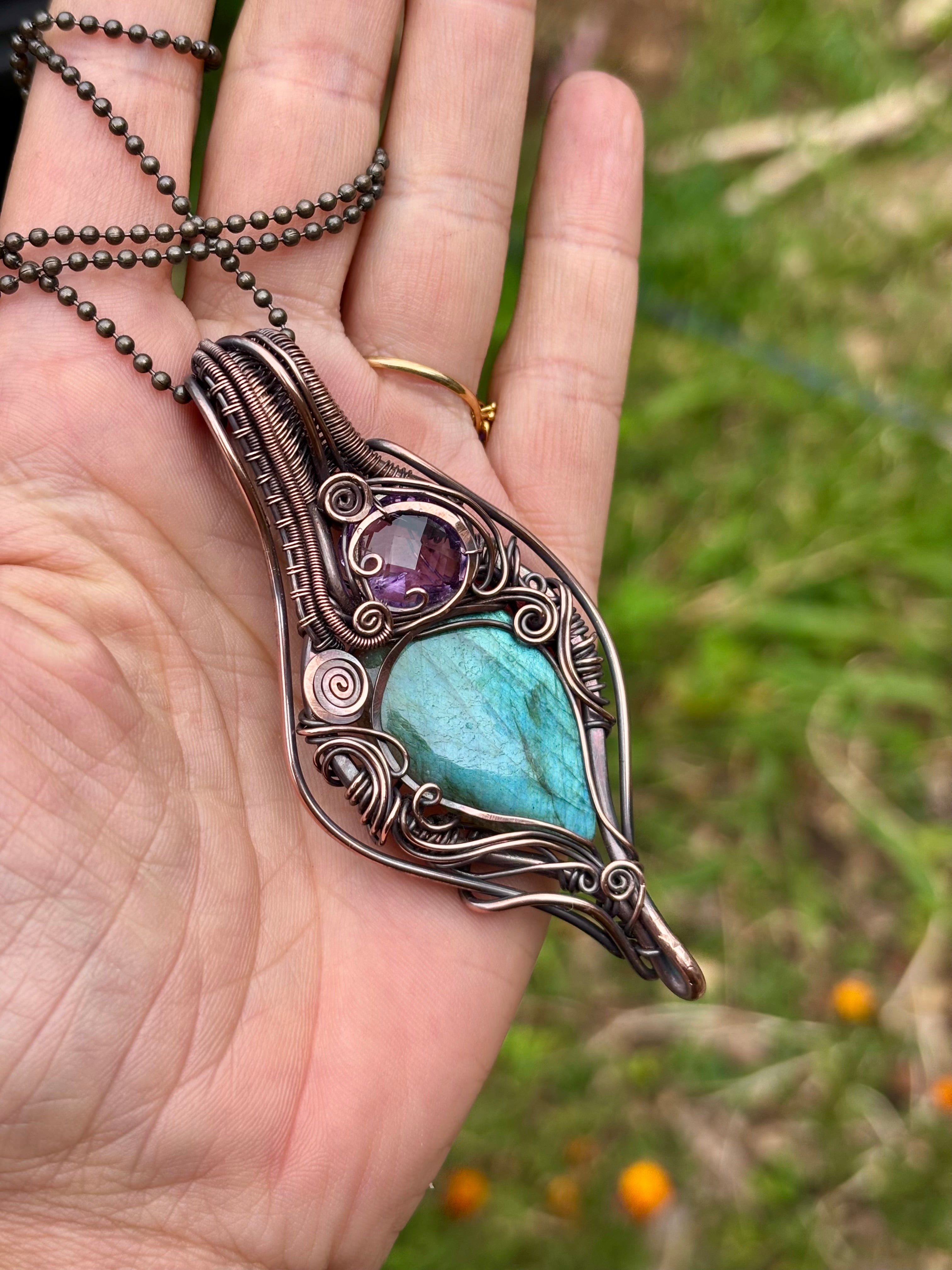 Labradorite, Amethyst copper wire wrap
