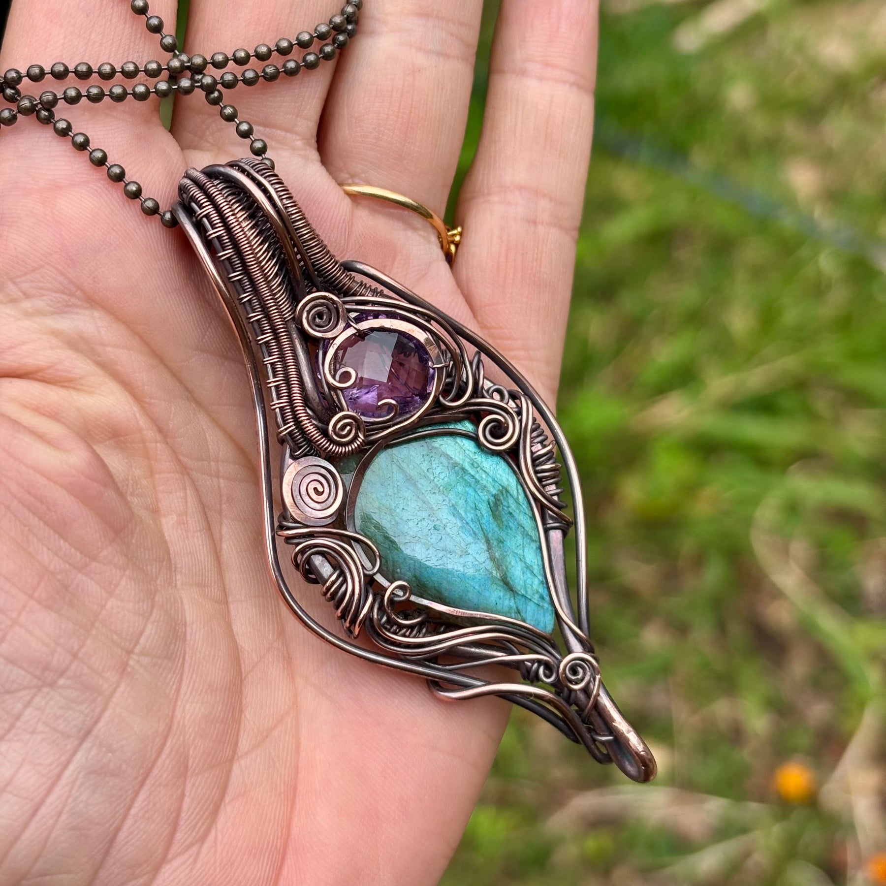 Labradorite, Amethyst copper wire wrap