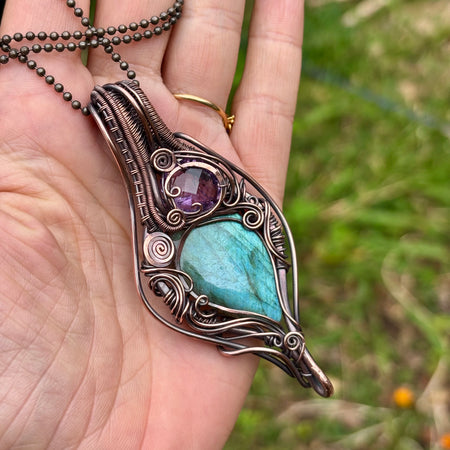 Labradorite, Amethyst copper wire wrap