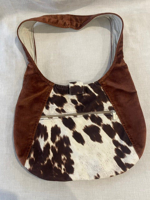 Brown Velvet Slouch Bag/Velvet Cowhide Print
