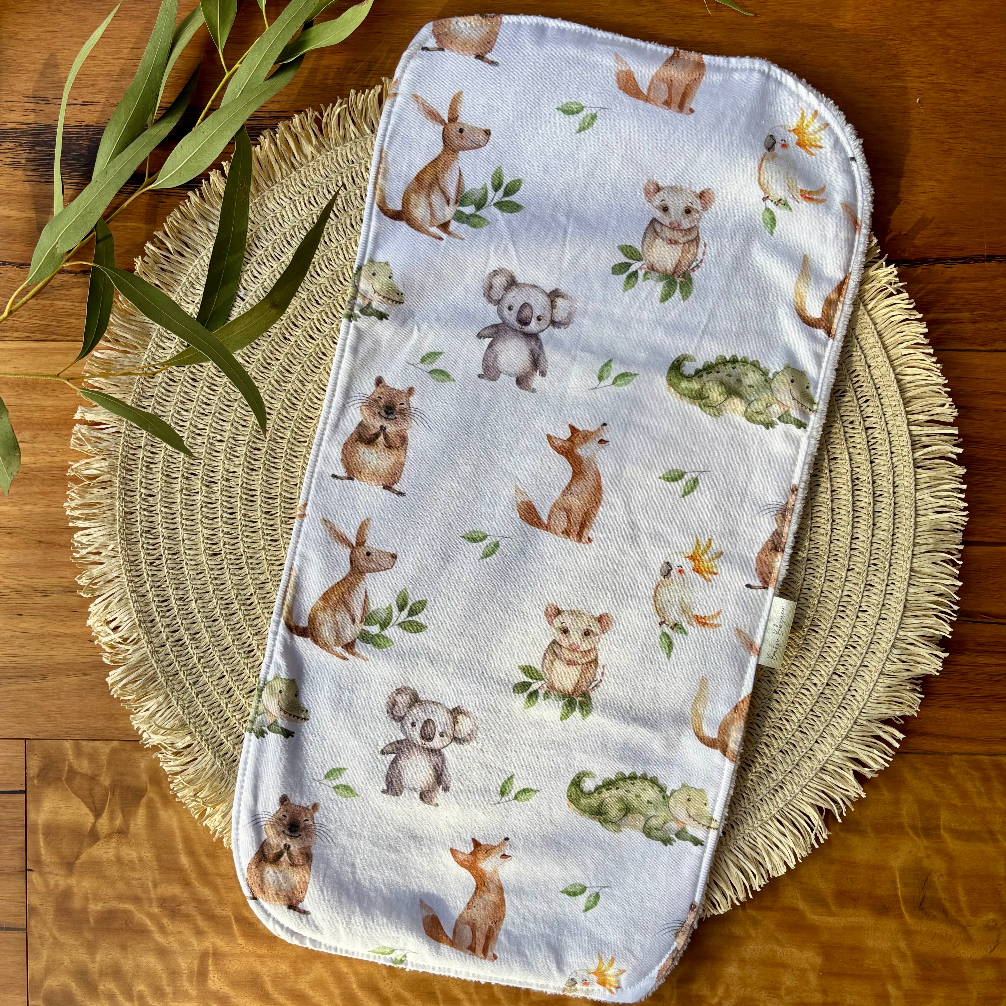 Baby Bib and Burp Cloth Set | More Green and White Aussie Animals | Made to Order