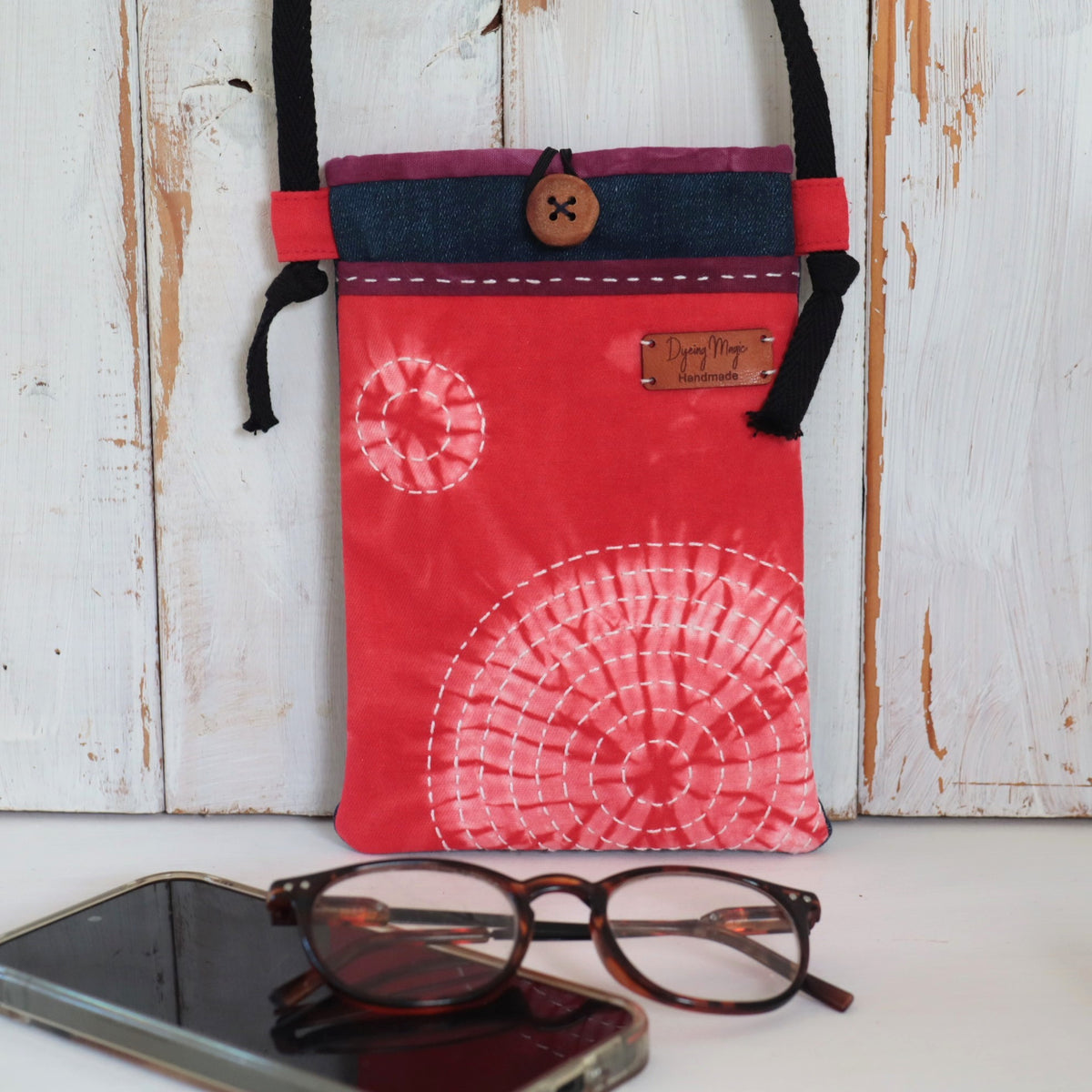 Tie Dyed Cross Body bag for Phone and Glasses, Phone Sling, red, upcycled jeans
