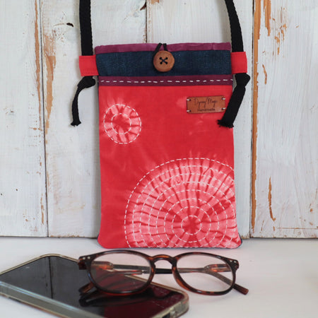 Tie Dyed Cross Body bag for Phone and Glasses, Phone Sling, red, upcycled jeans