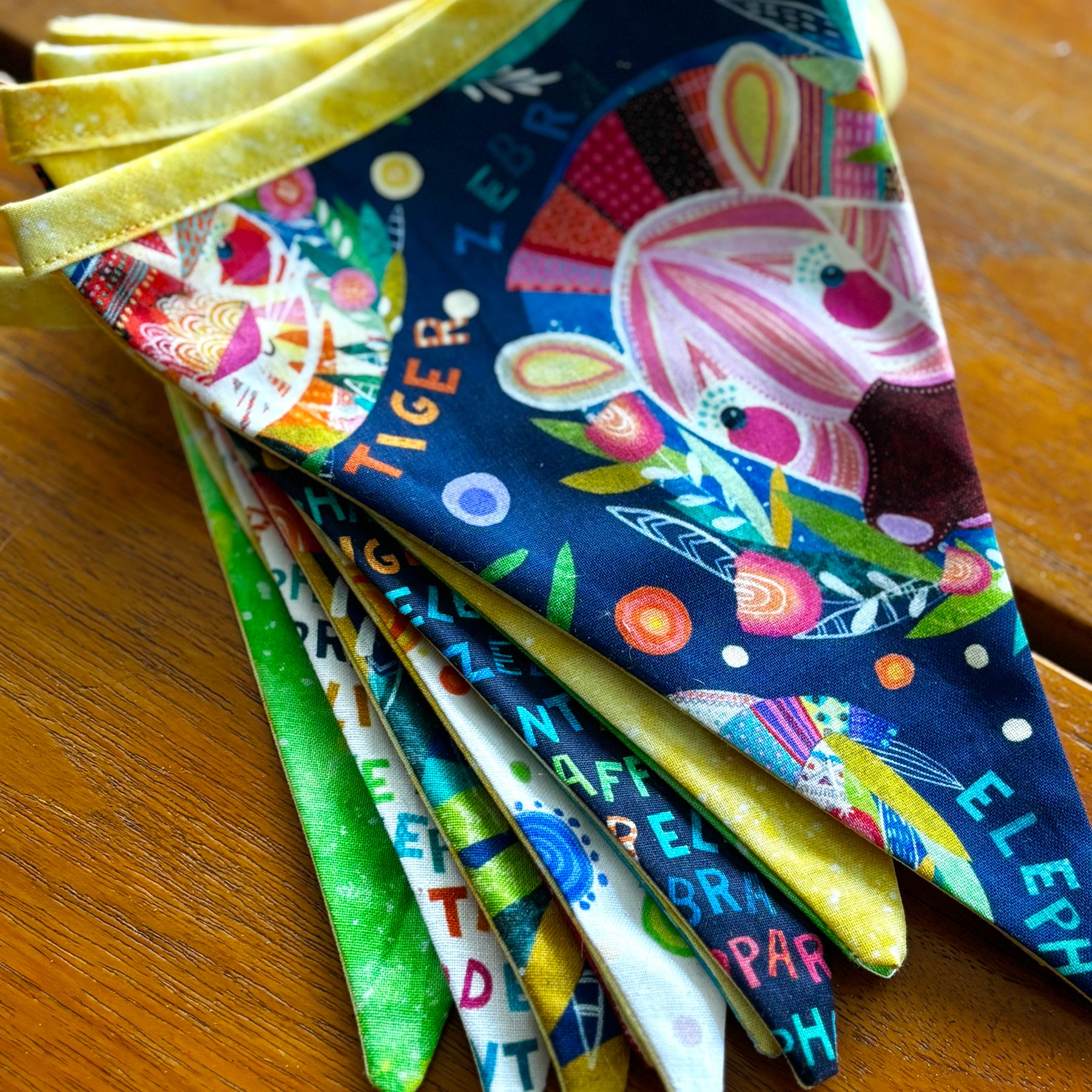 Party Time sustainable 12 flag bunting double sided with various backing and binding colours to choose from