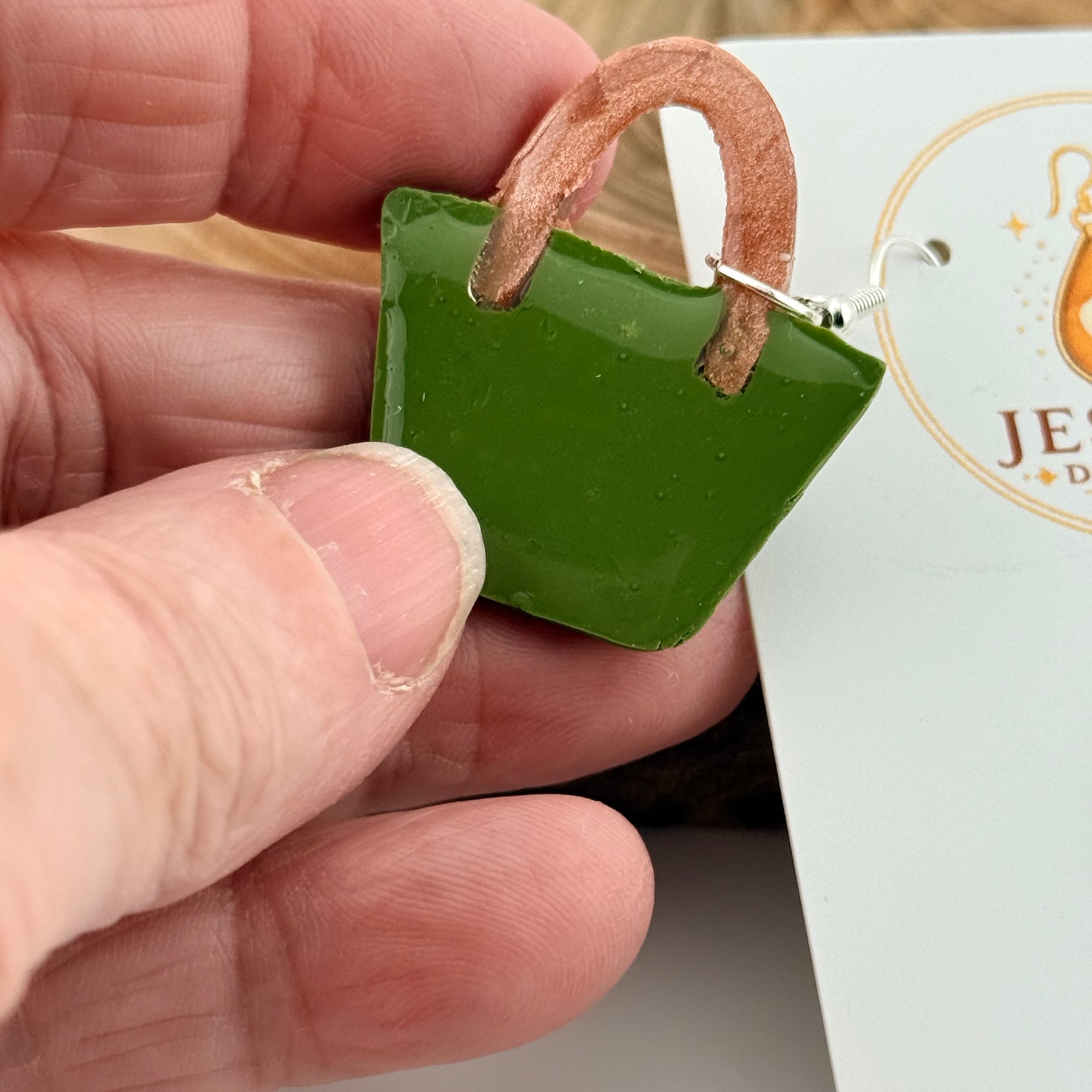 Handmade Green Handbag Polymer Clay Dangle Earrings – Floral Design