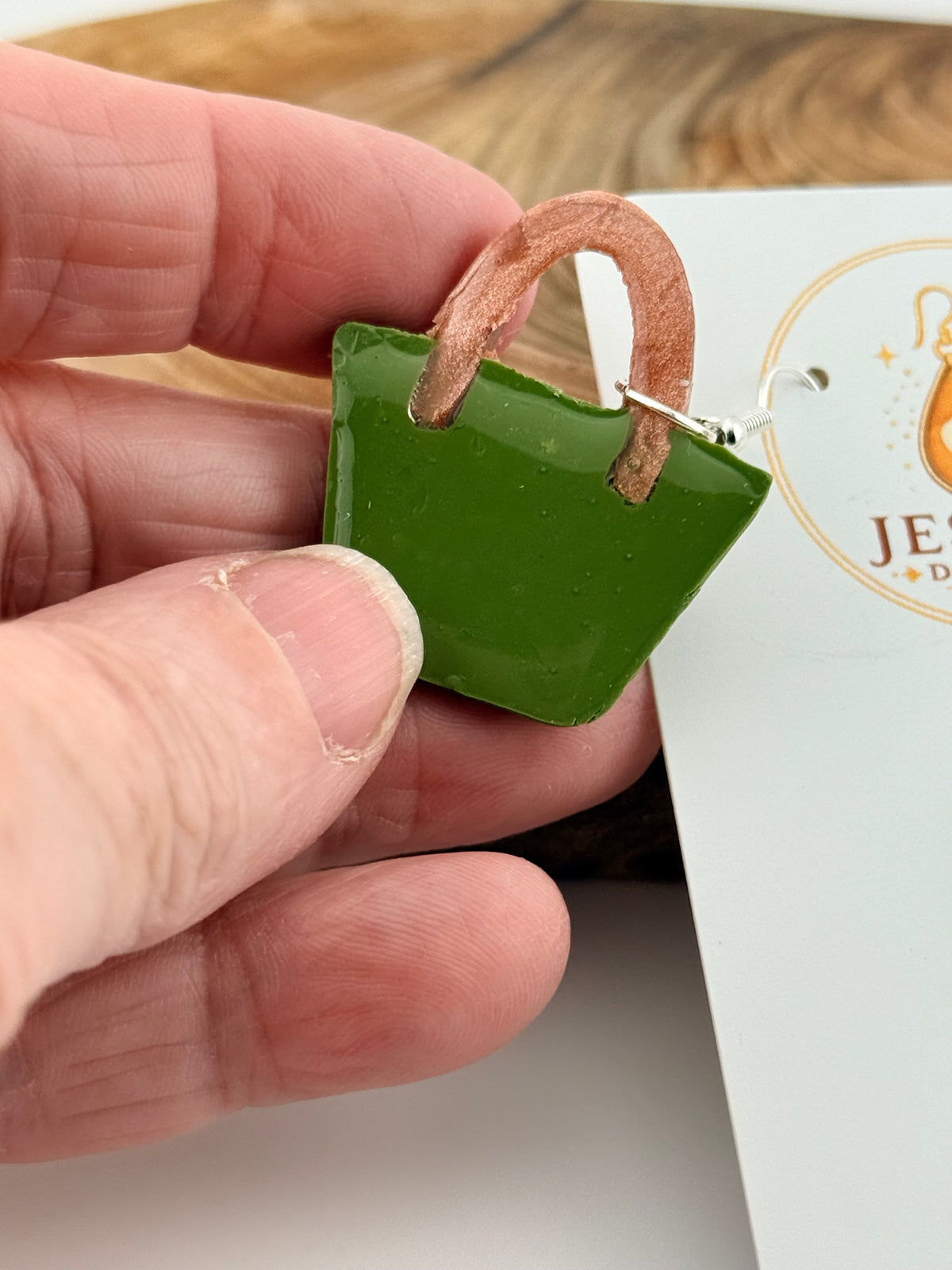 Handmade Green Handbag Polymer Clay Dangle Earrings – Floral Design