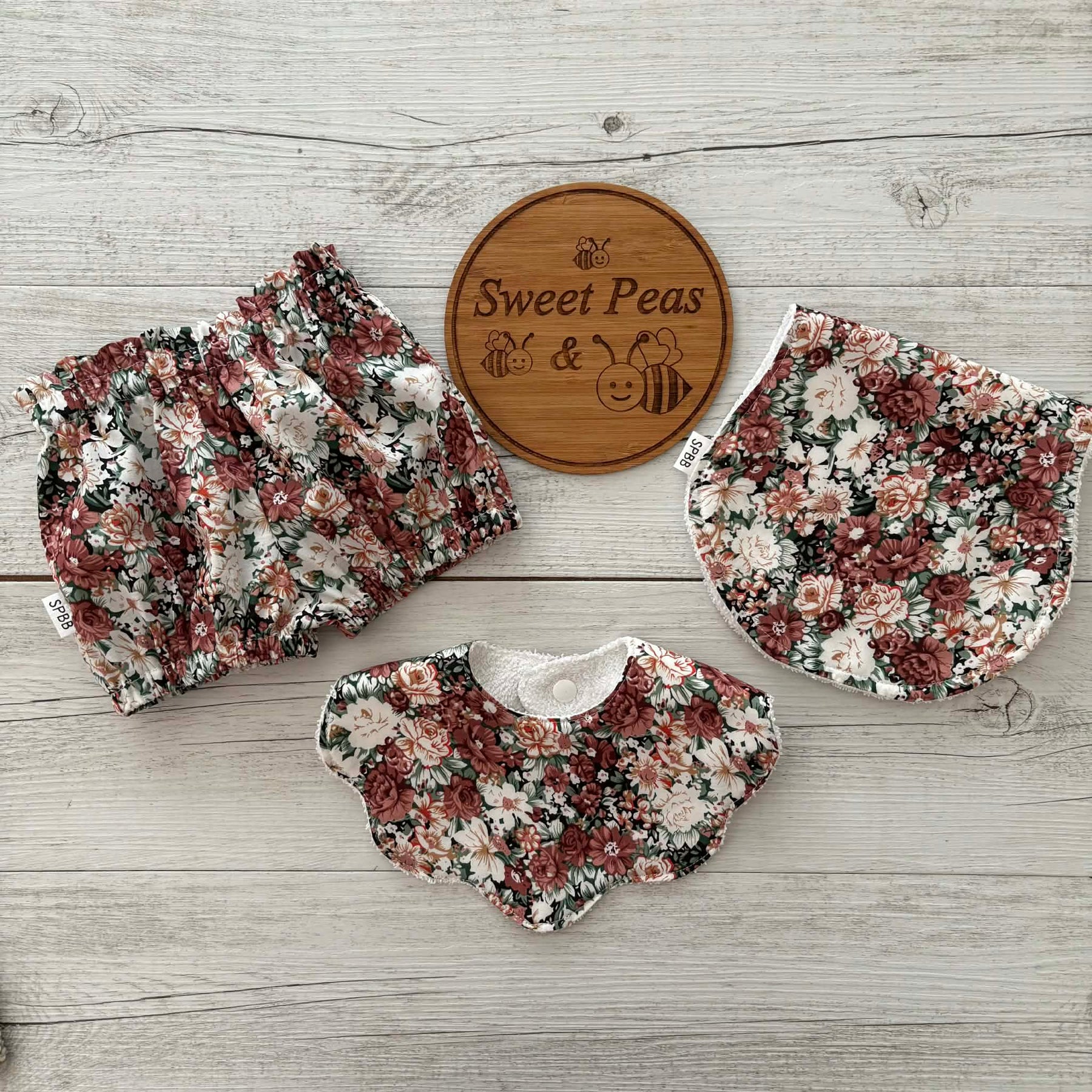 Baby Cardigan, Shorts, Scalloped Bib & Burp Cloth