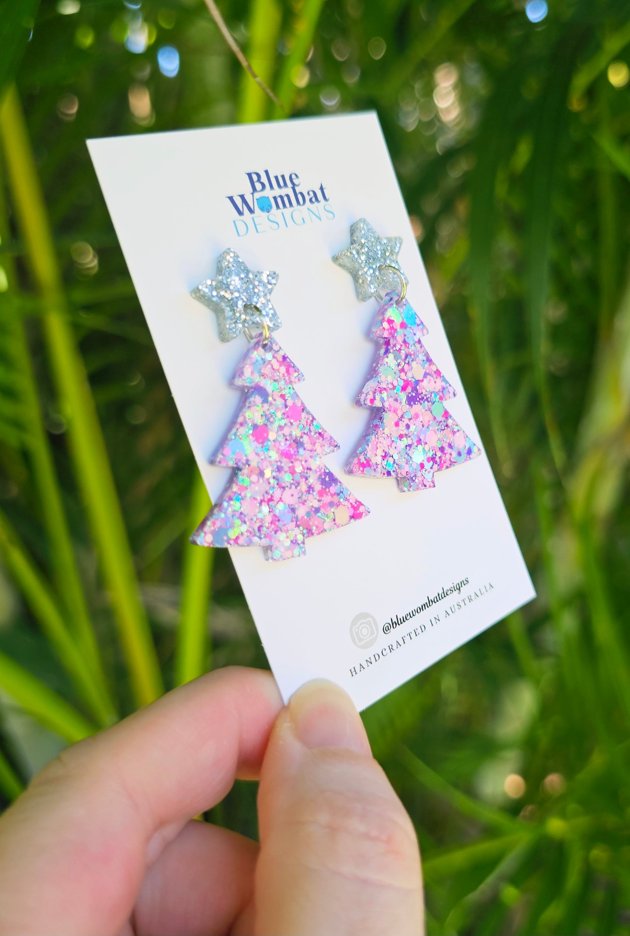 Christmas Tree Glitter Resin Dangle Earrings Handmade