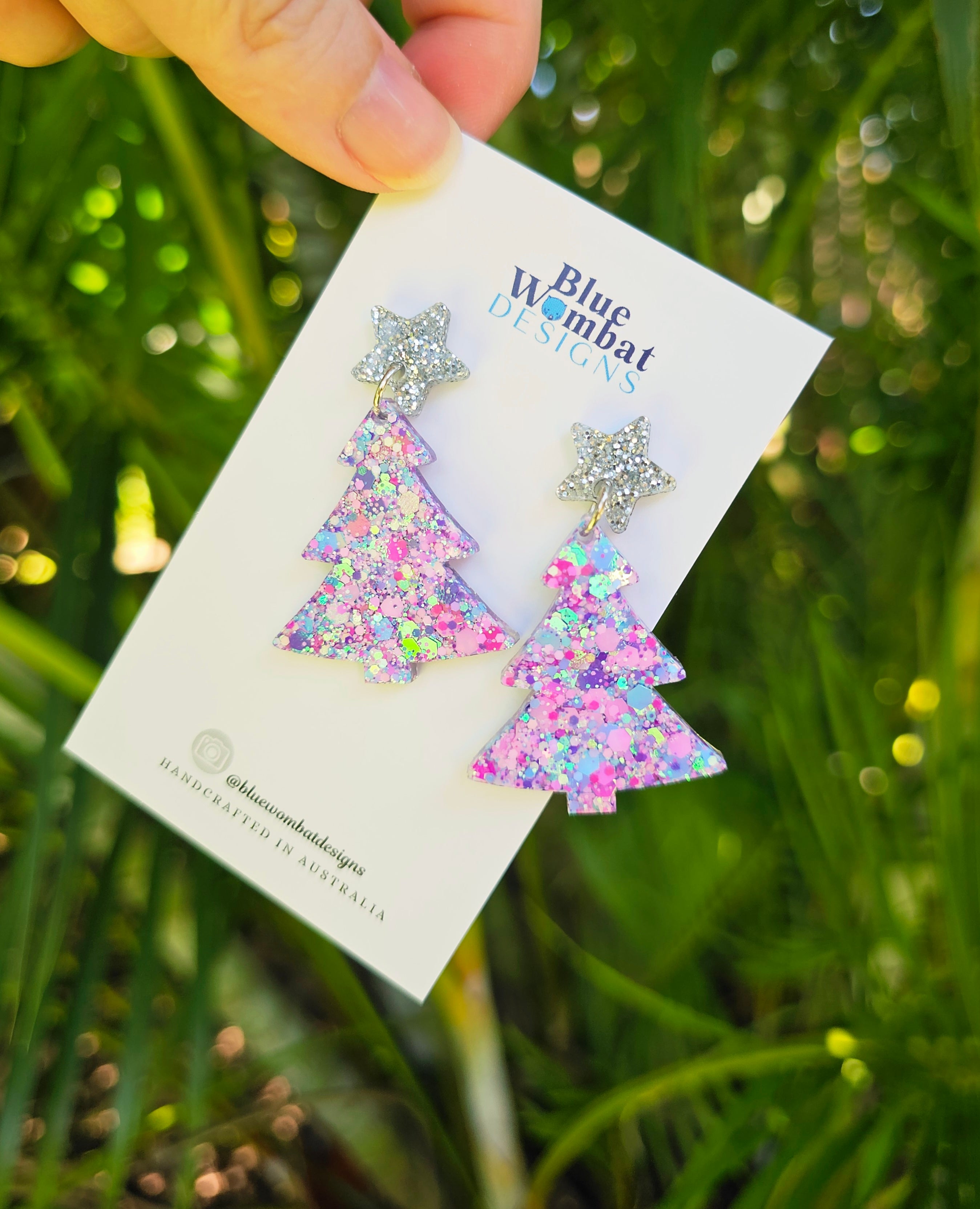 Christmas Tree Glitter Resin Dangle Earrings Handmade