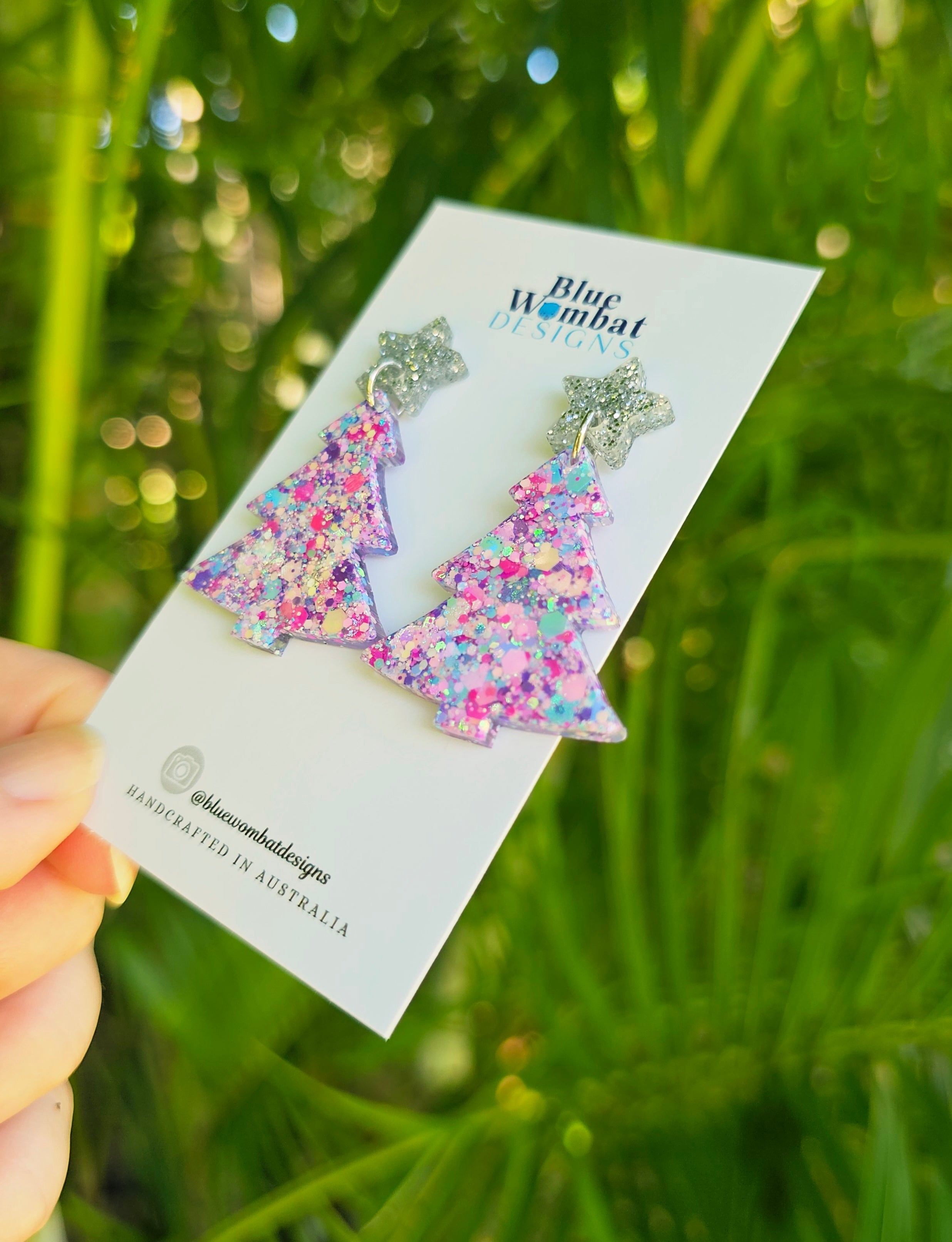 Christmas Tree Glitter Resin Dangle Earrings Handmade