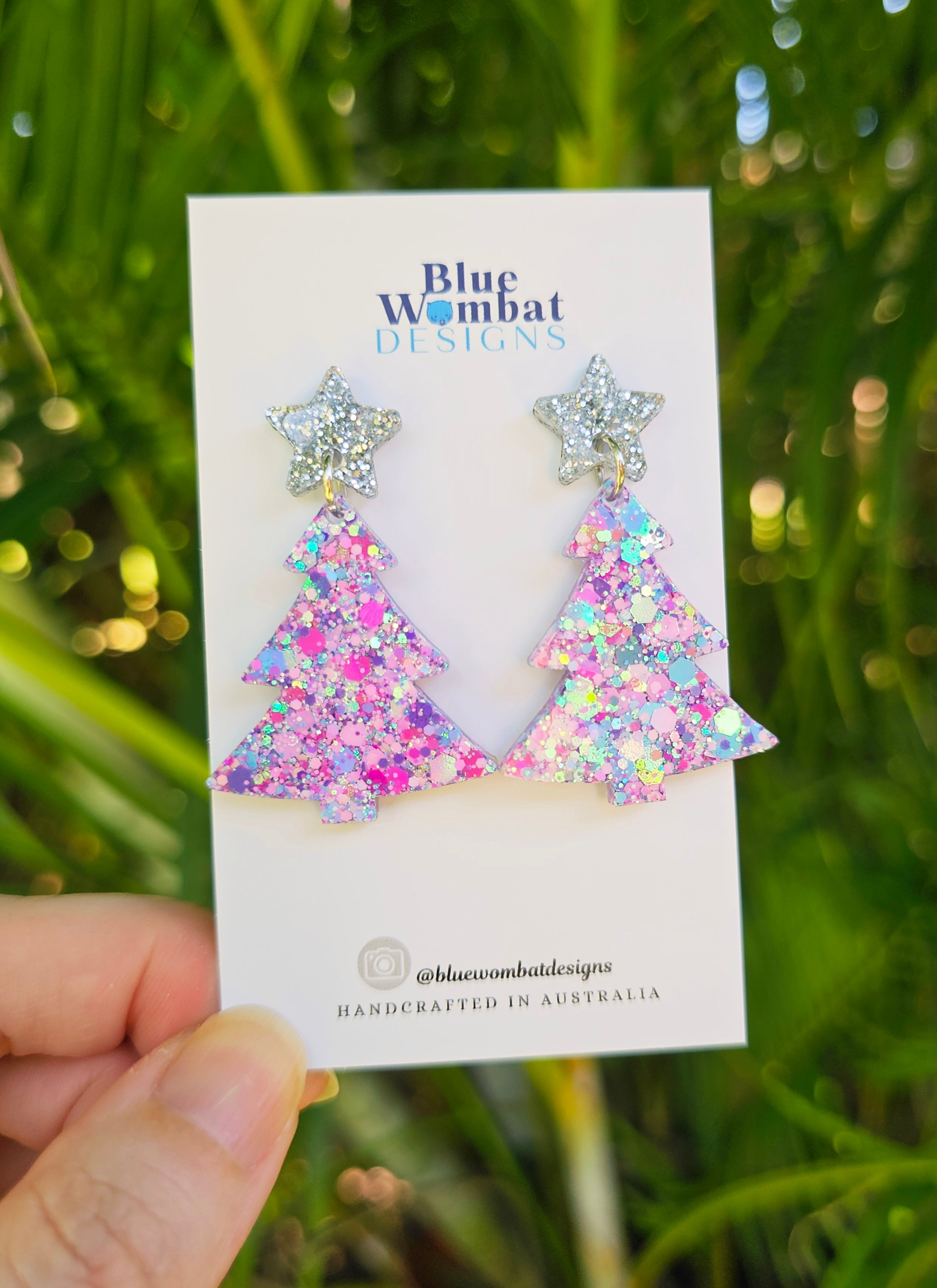 Christmas Tree Glitter Resin Dangle Earrings Handmade