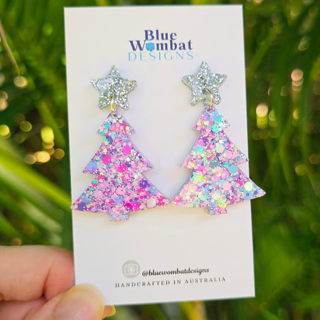 Christmas Tree Glitter Resin Dangle Earrings Handmade