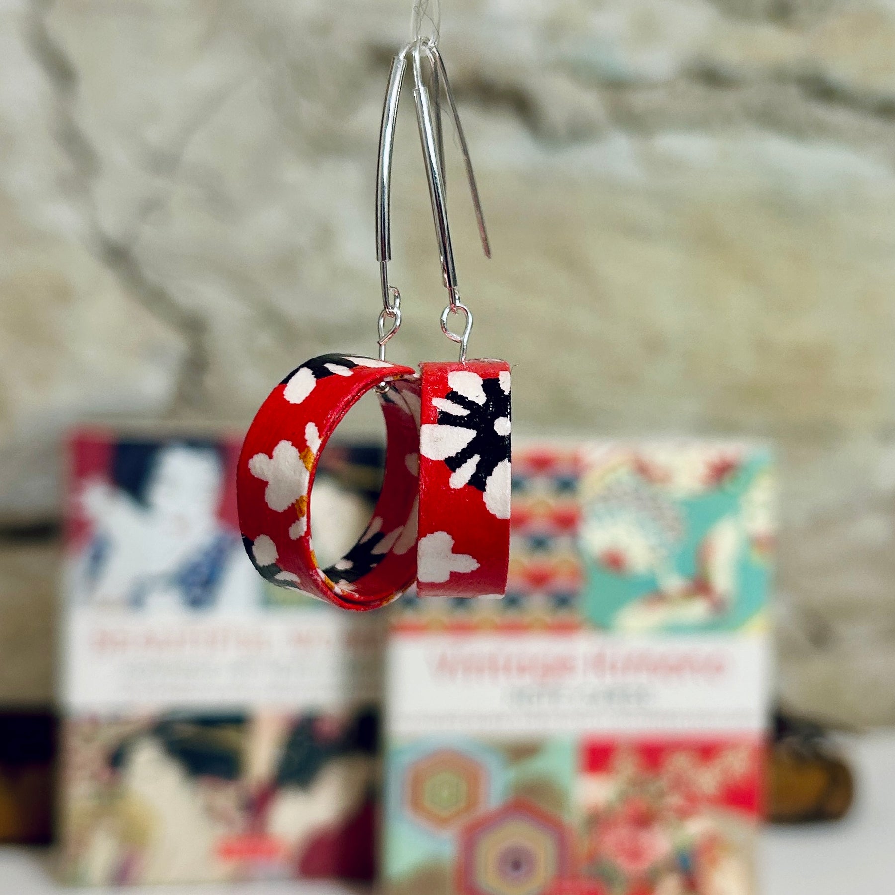 Earrings Red White Japanese Paper Hoop Style