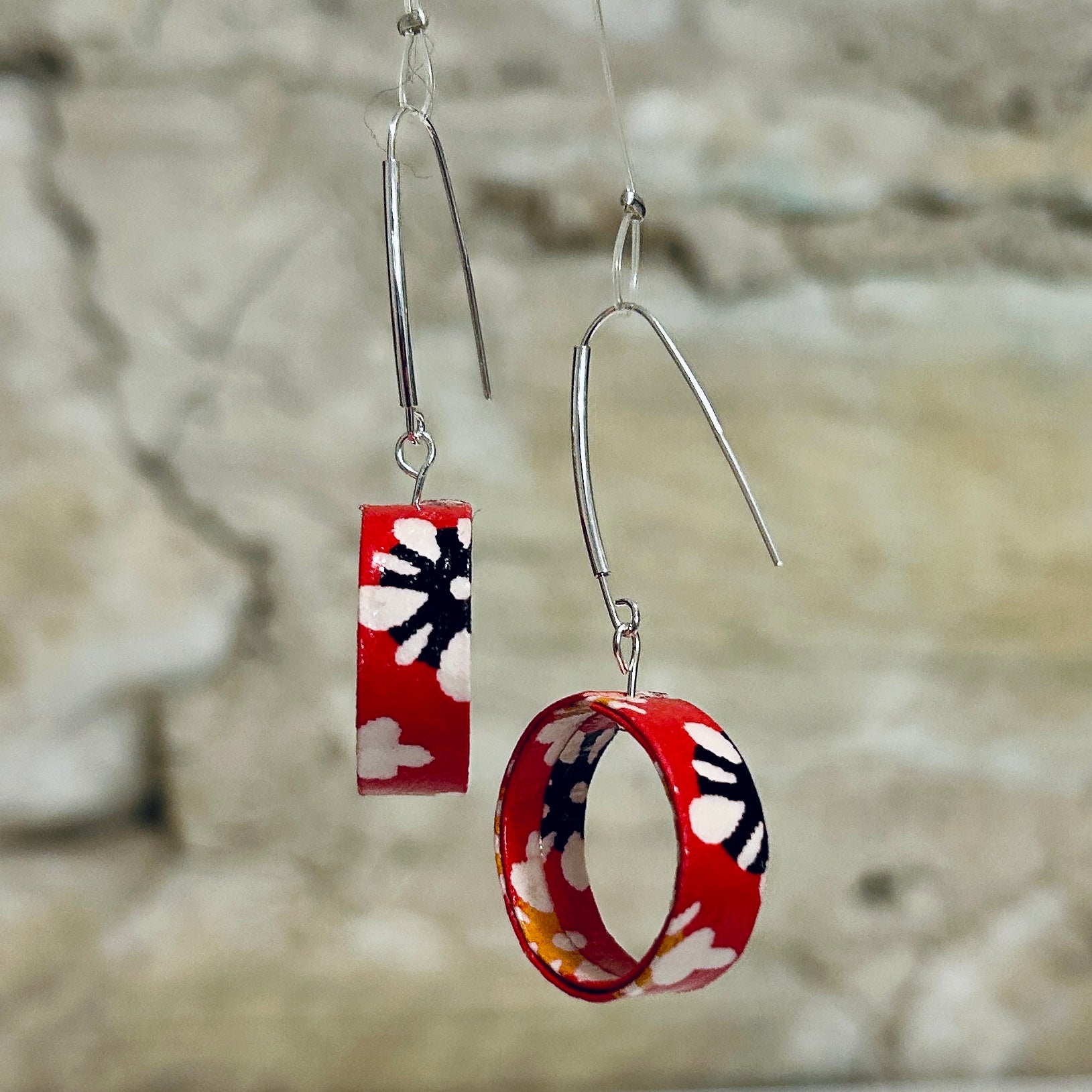 Earrings Red White Japanese Paper Hoop Style