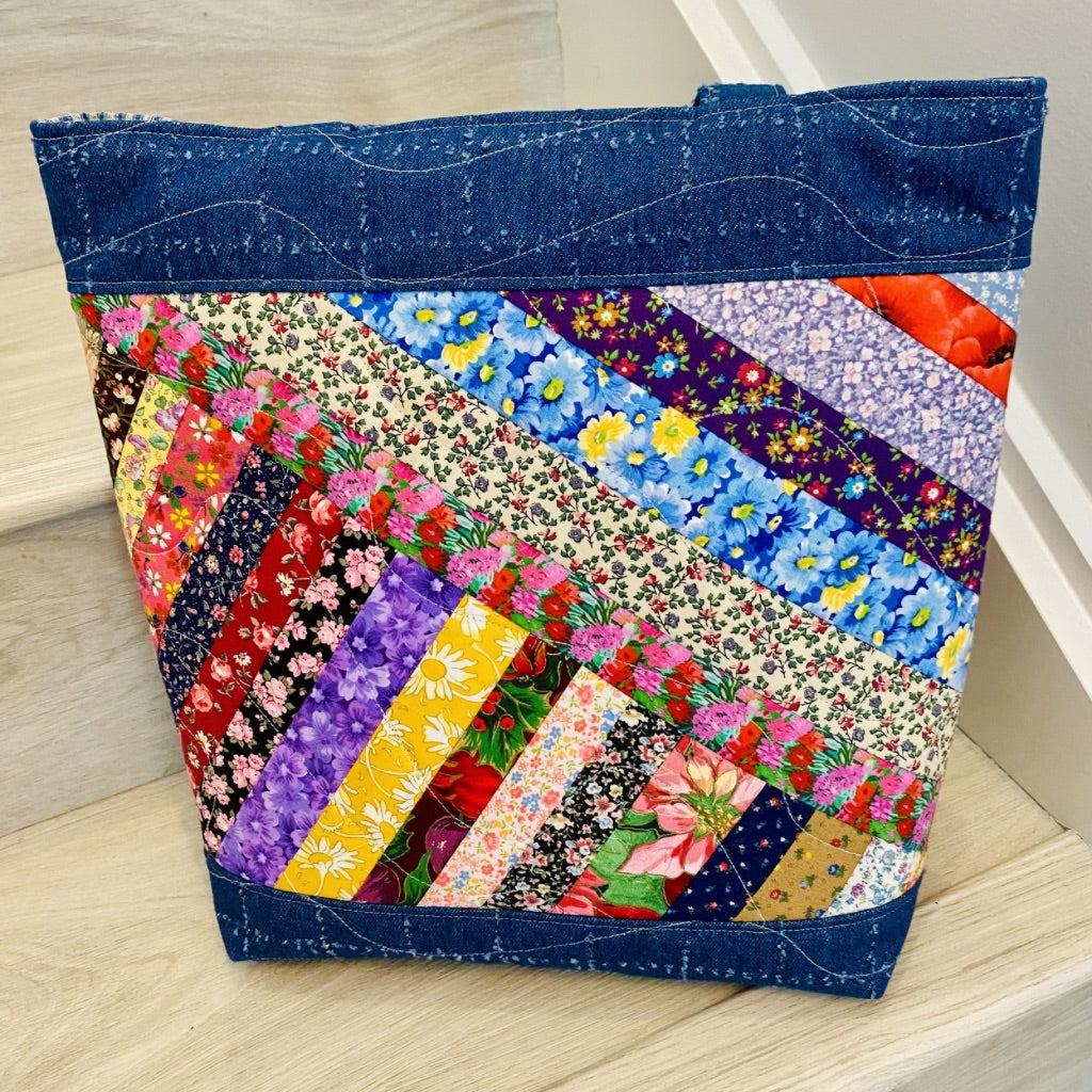 Wildflowers and Denim Strip Pieced Patchwork Tote