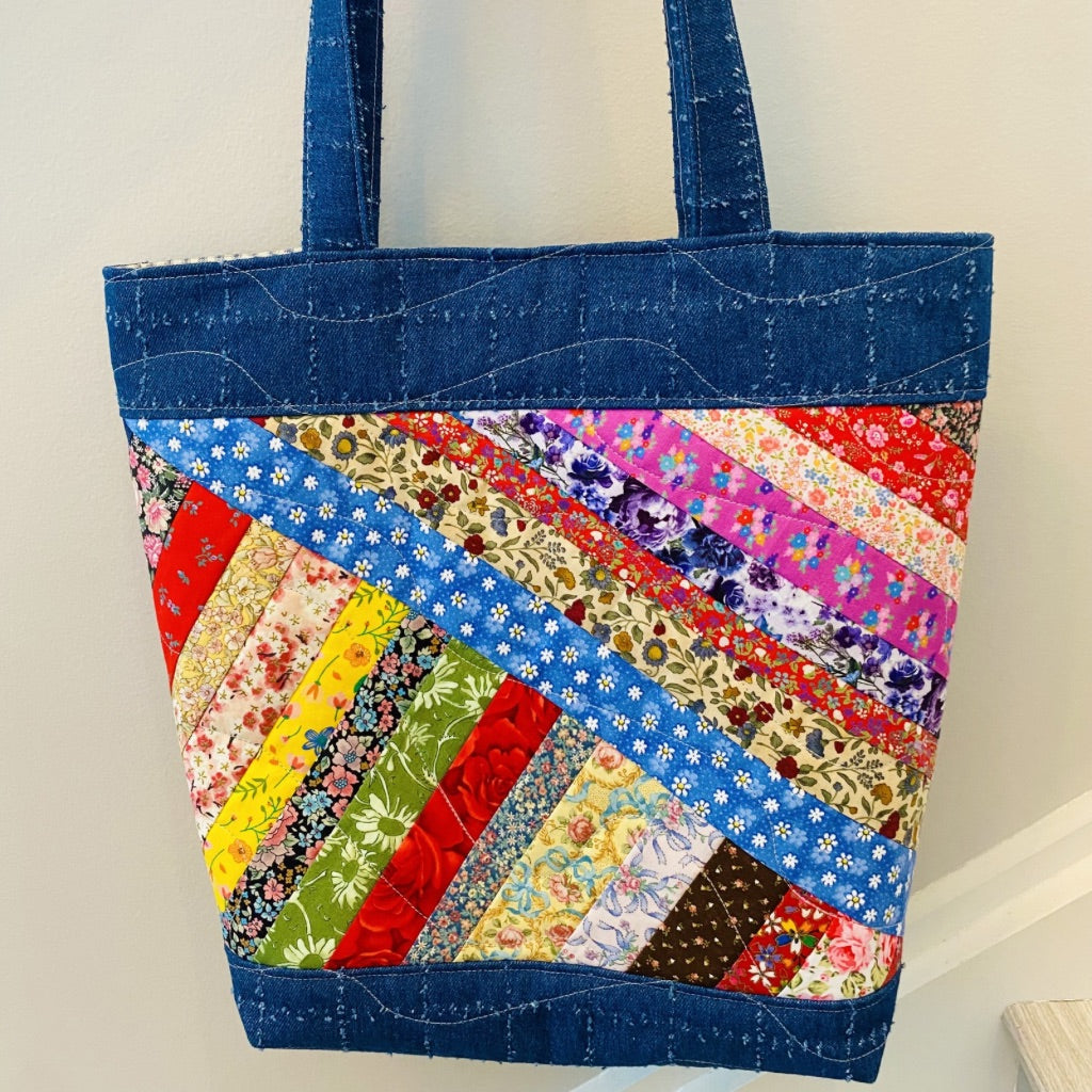 Wildflowers and Denim Strip Pieced Patchwork Tote