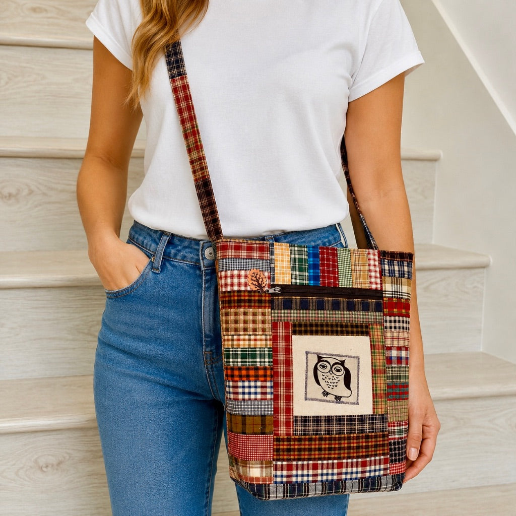 Owl themed log cabin patchwork tote bag’