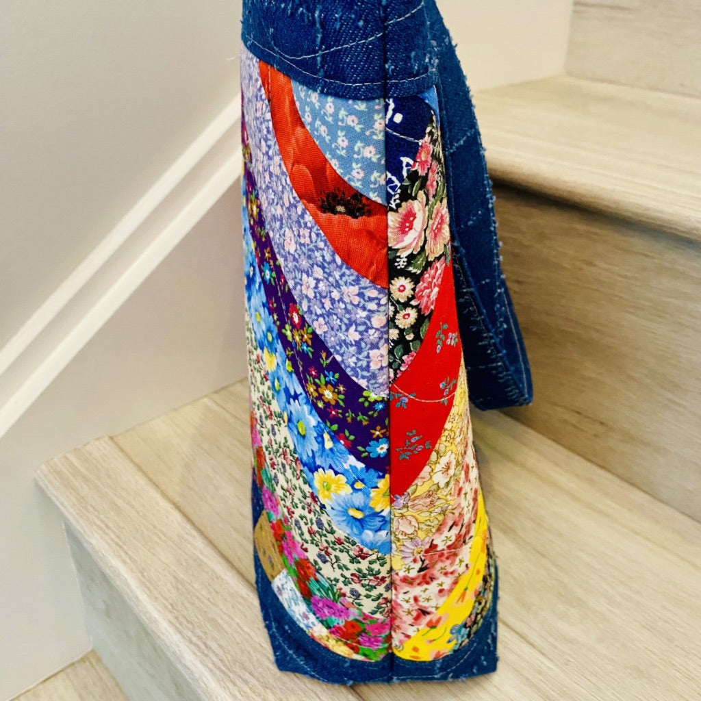 Wildflowers and Denim Strip Pieced Patchwork Tote