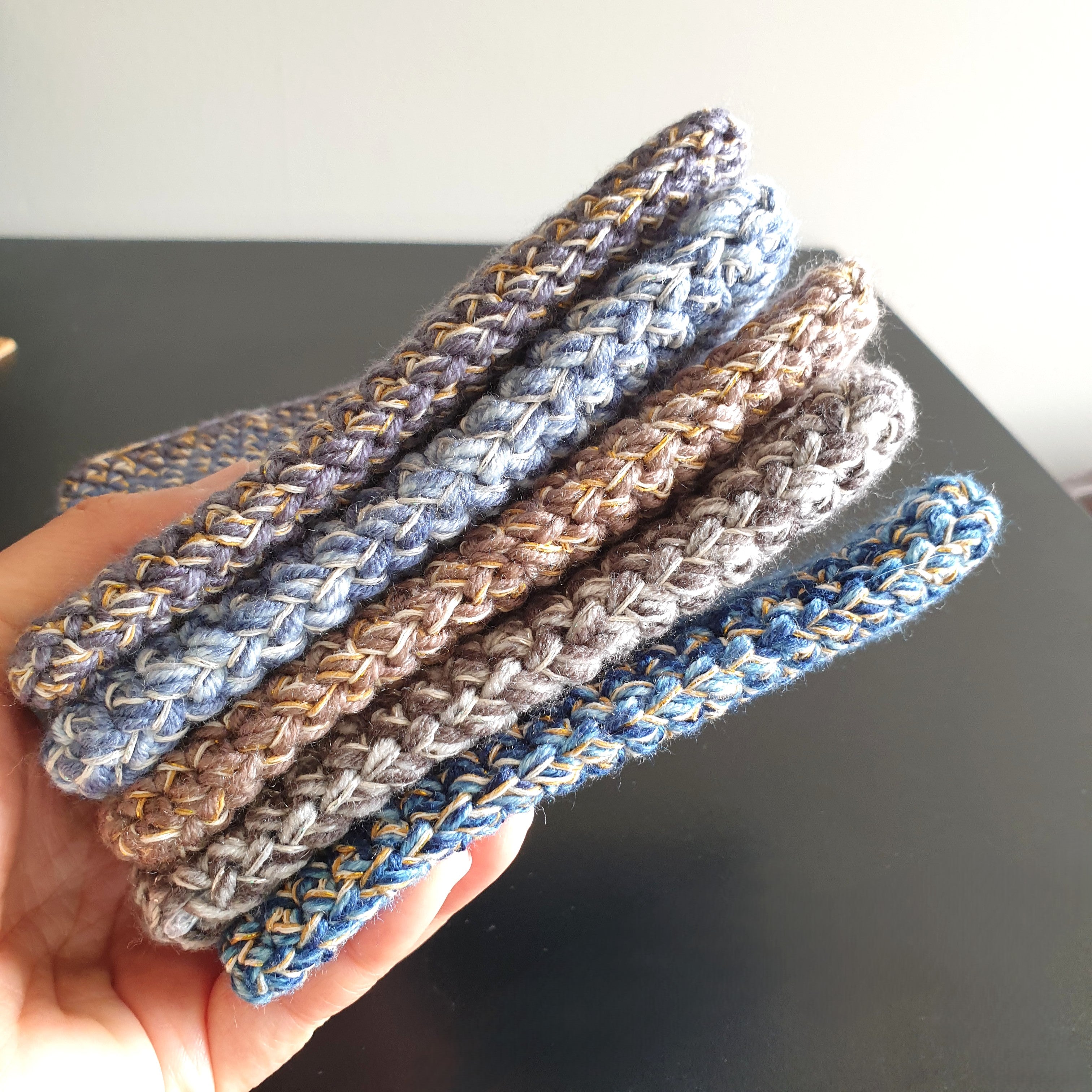 Handmade Zippered Crochet Travel Purse : Blue Gray Brown & Gold Silver mix