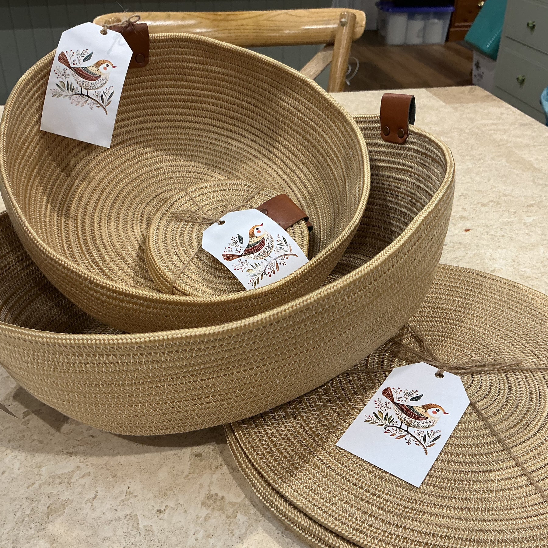 Machine sewn placemats, coasters, baskets.