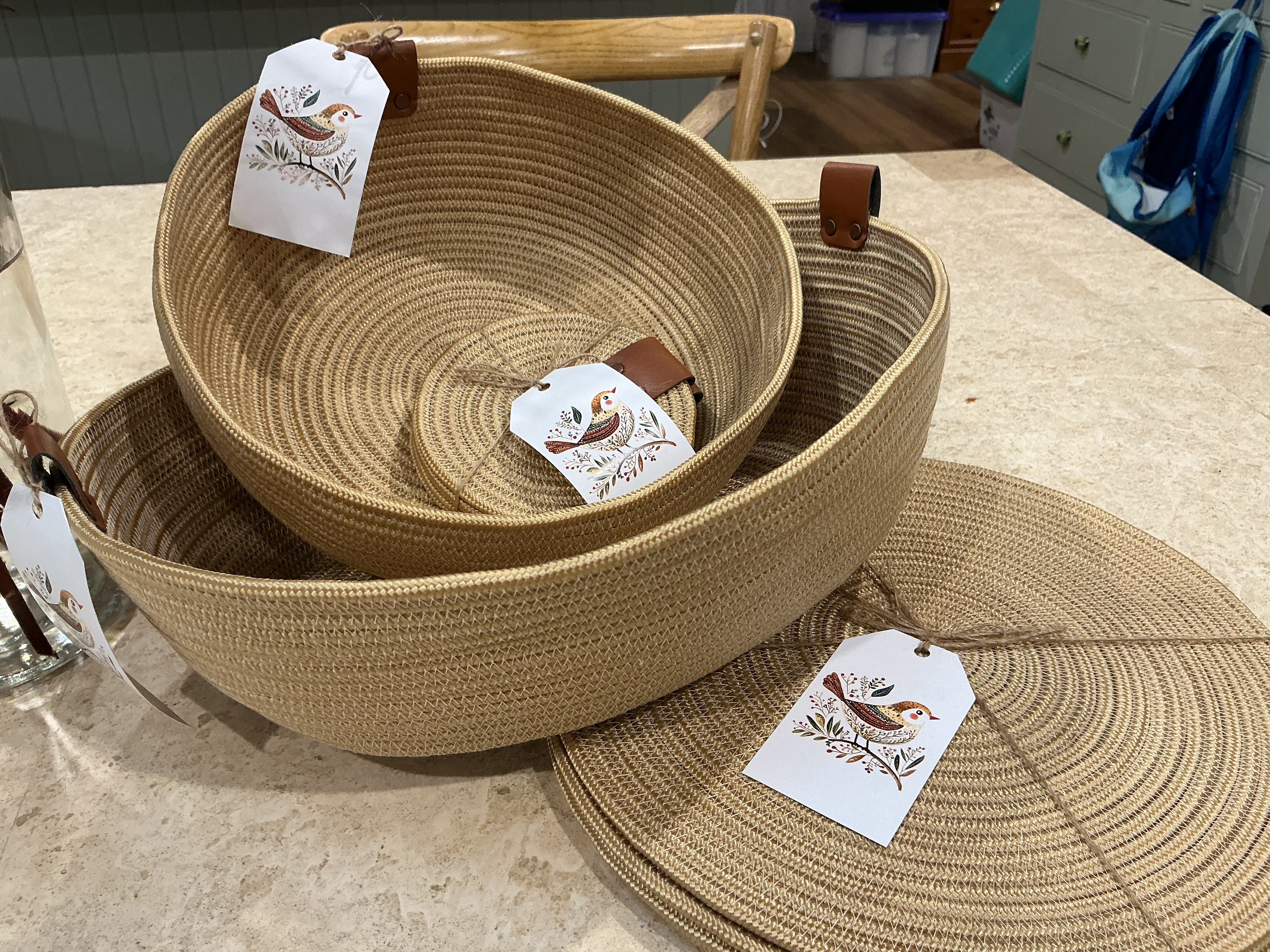 Machine sewn placemats, coasters, baskets.