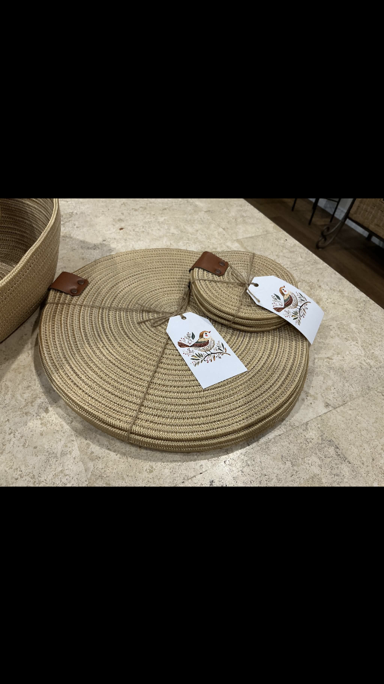 Machine sewn placemats, coasters, baskets.