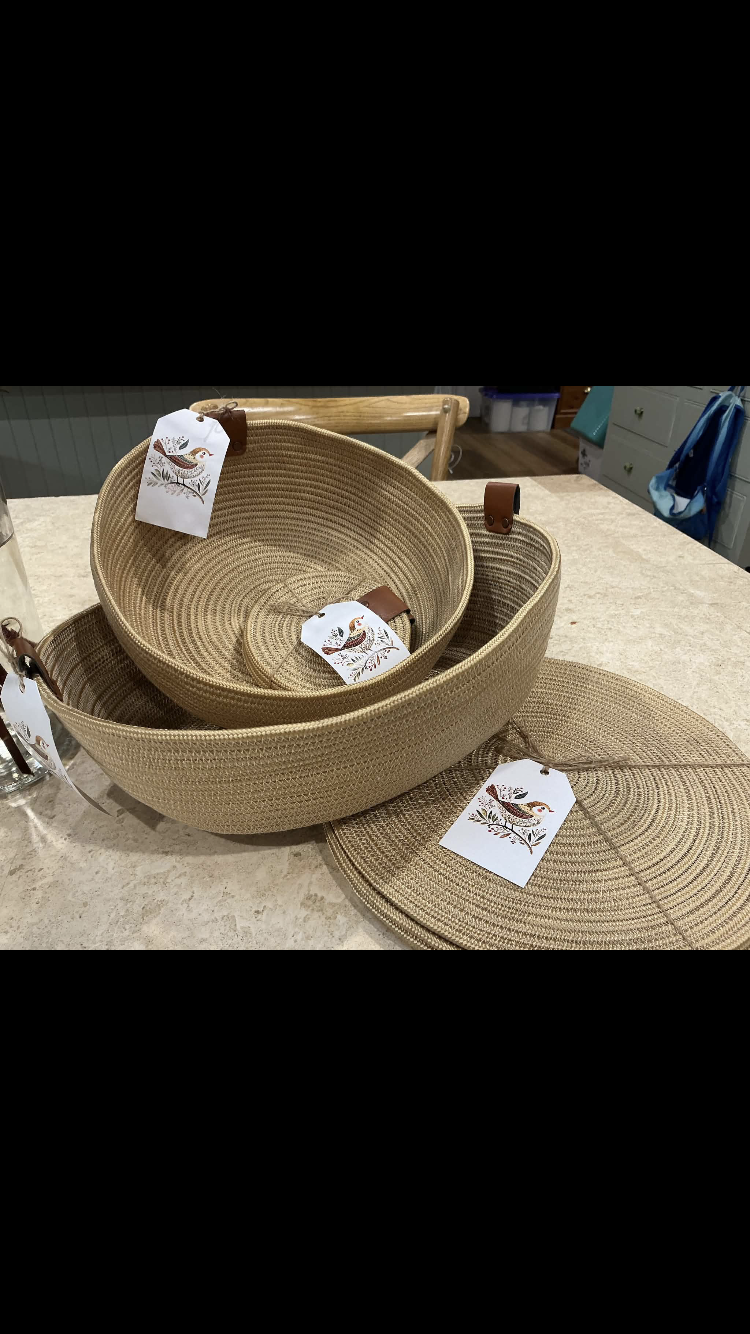 Machine sewn placemats, coasters, baskets.
