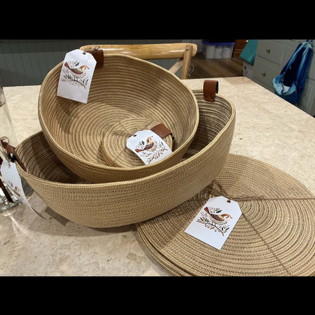 Machine sewn placemats, coasters, baskets.