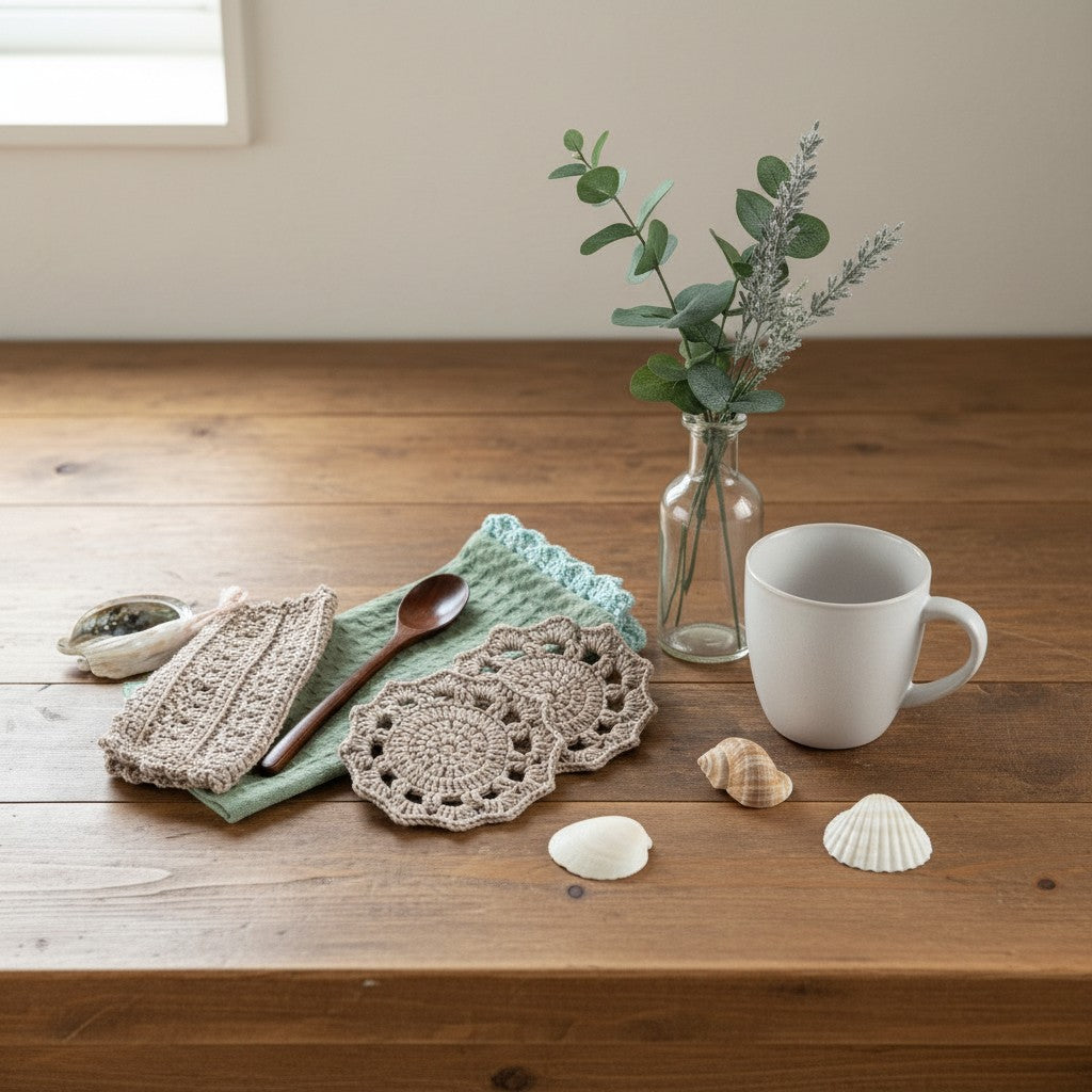Coastal Kitchen Gift Set, Handmade Crochet Tea Towel & Coasters