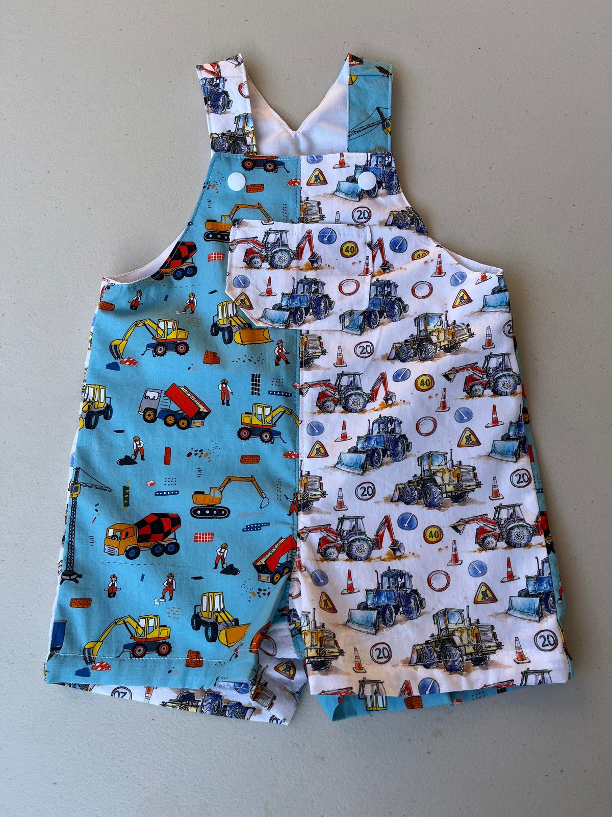 baby overalls/shorts | construction trucks