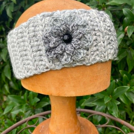 Crochet Headband with cute flower and button embellishment